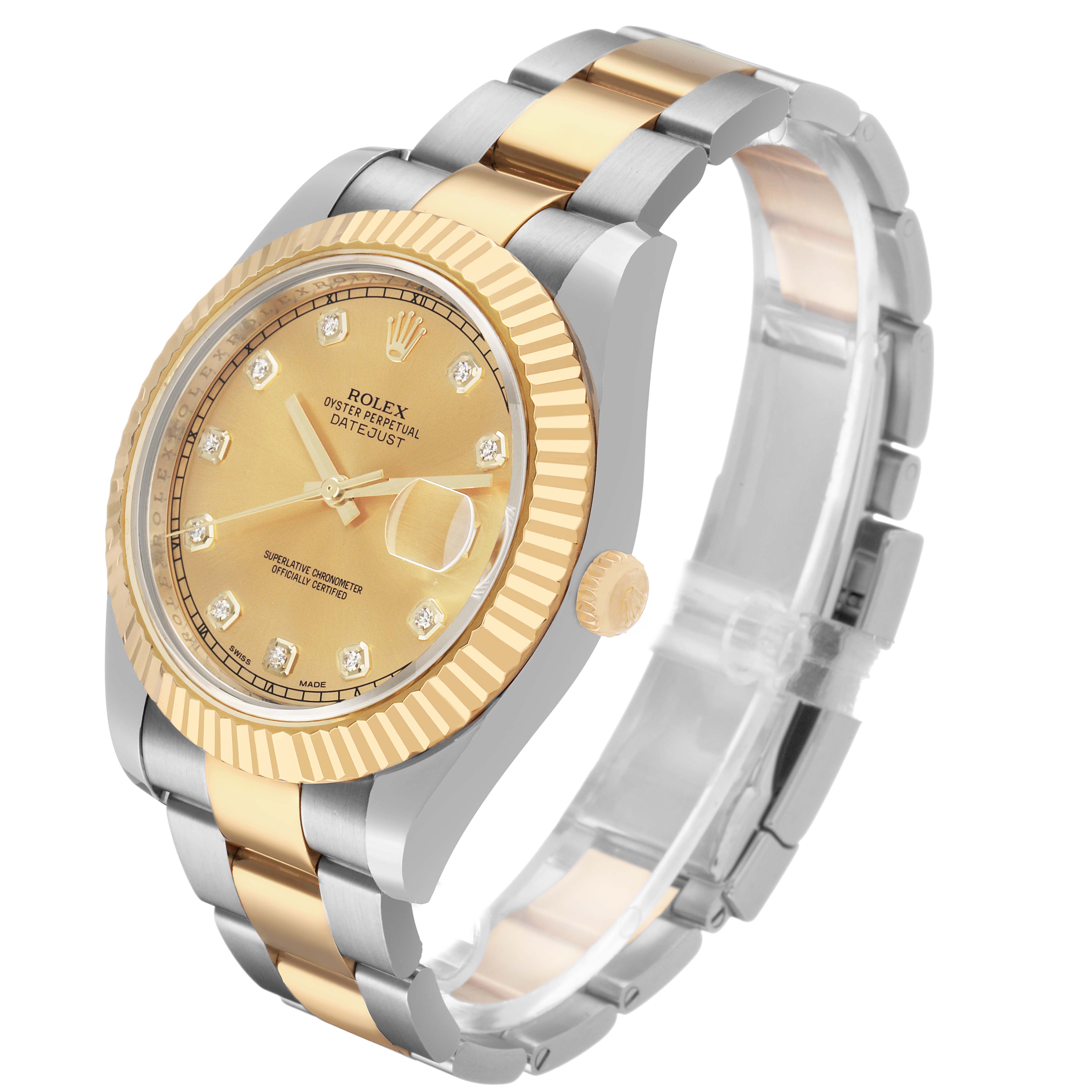 The Rolex Datejust 41 116333 Men's Steel and Gold (two tone) Champagne Dial is shown at a three-quarter angle highlighting the two-tone bracelet, dial, and fluted bezel.