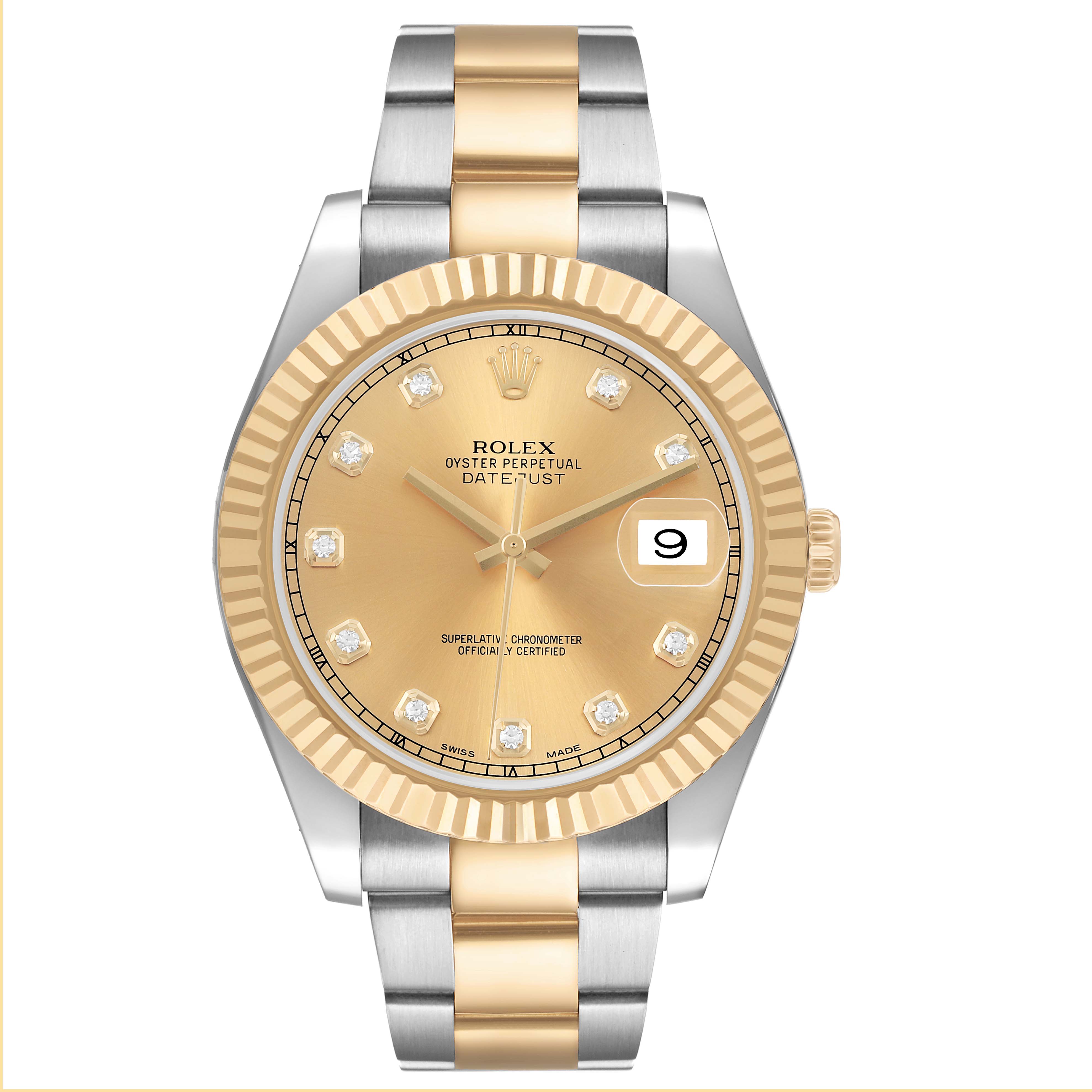 The Rolex Datejust 41 116333 Men's Steel and Gold (two tone) Champagne Dial is shown from a front angle, highlighting its gold and stainless steel bracelet and diamond hour markers.