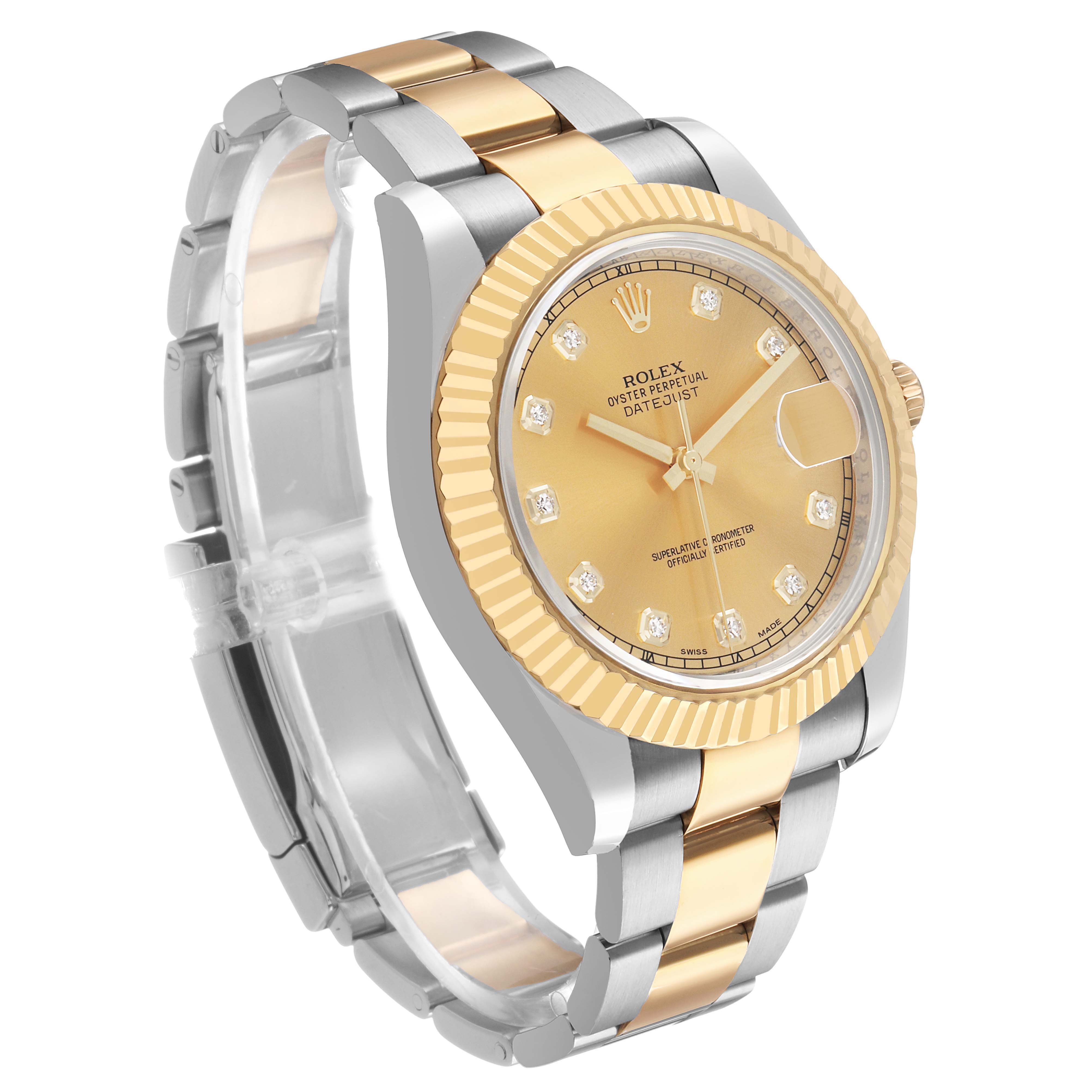 The Rolex Datejust 41 116333 Men's Steel and Gold (two tone) Champagne Dial is shown at a three-quarter angle, highlighting the dial, fluted bezel, bracelet, and crown.
