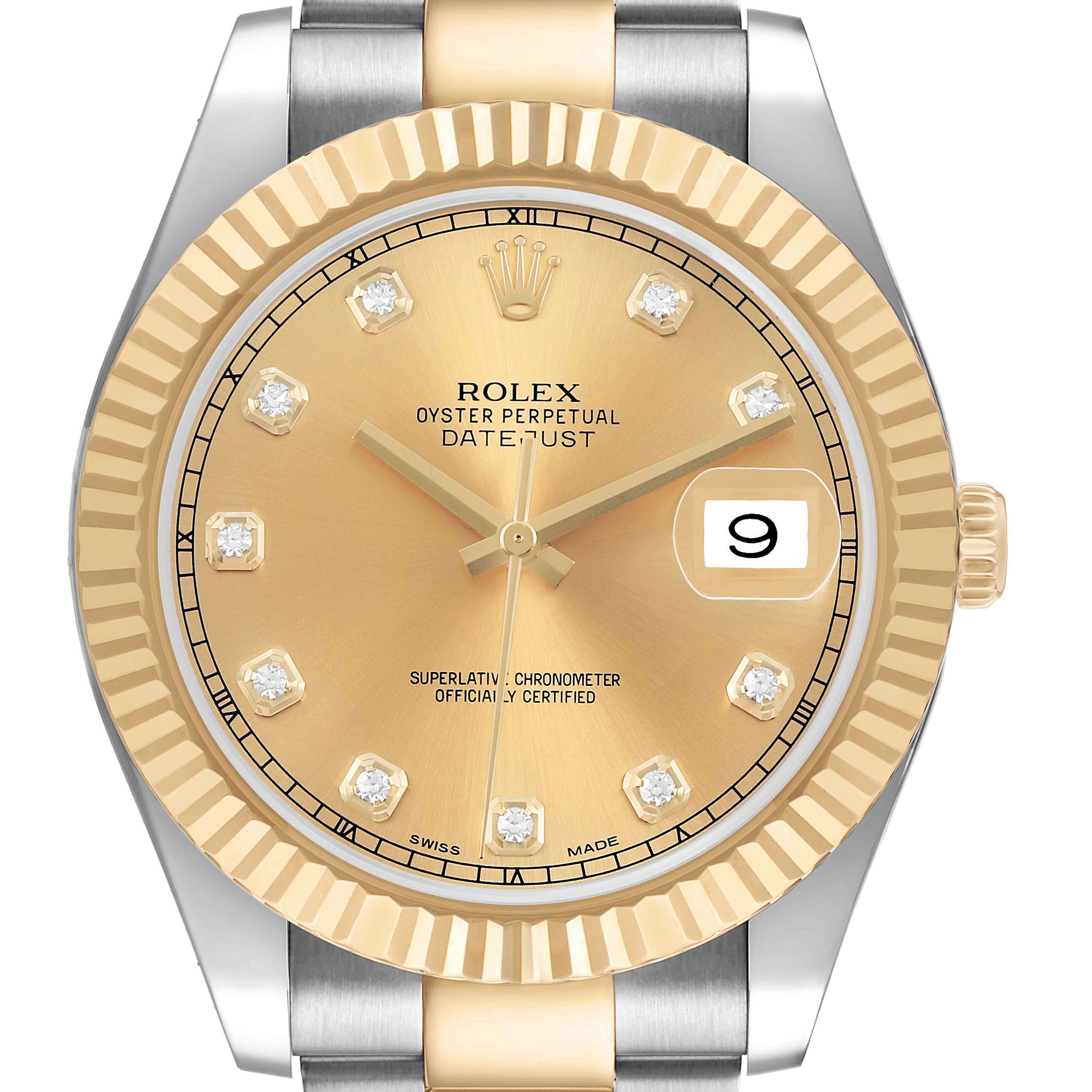 The Rolex Datejust 41 116333 Men's Steel and Gold (two tone) Champagne Dial is shown from the front, highlighting the gold dial, diamond hour markers, and fluted bezel.