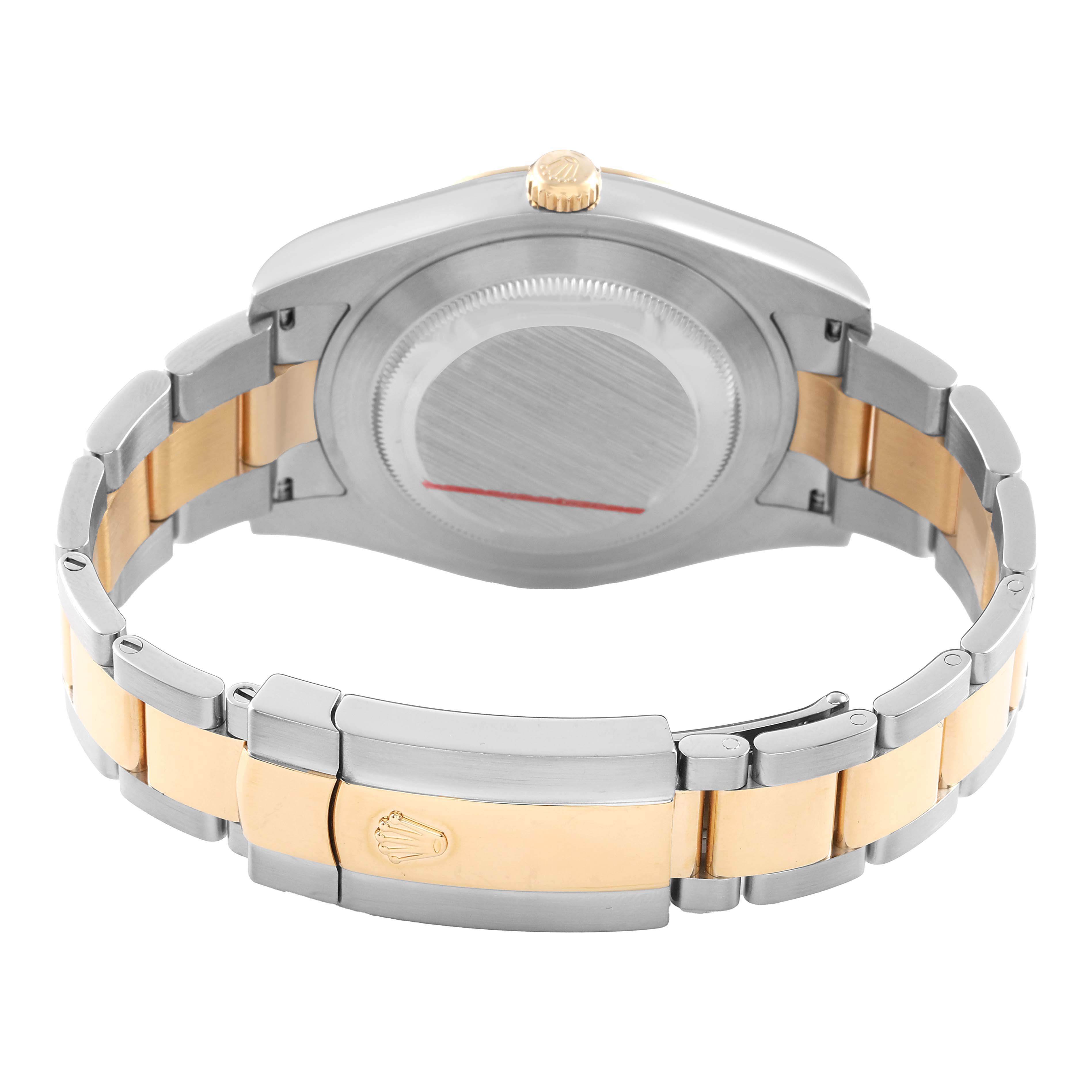 The image shows the back view of a Rolex Datejust 41 116333 Men's Steel and Gold (two tone) Champagne Dial, highlighting its bracelet and clasp in a two-tone metal finish.