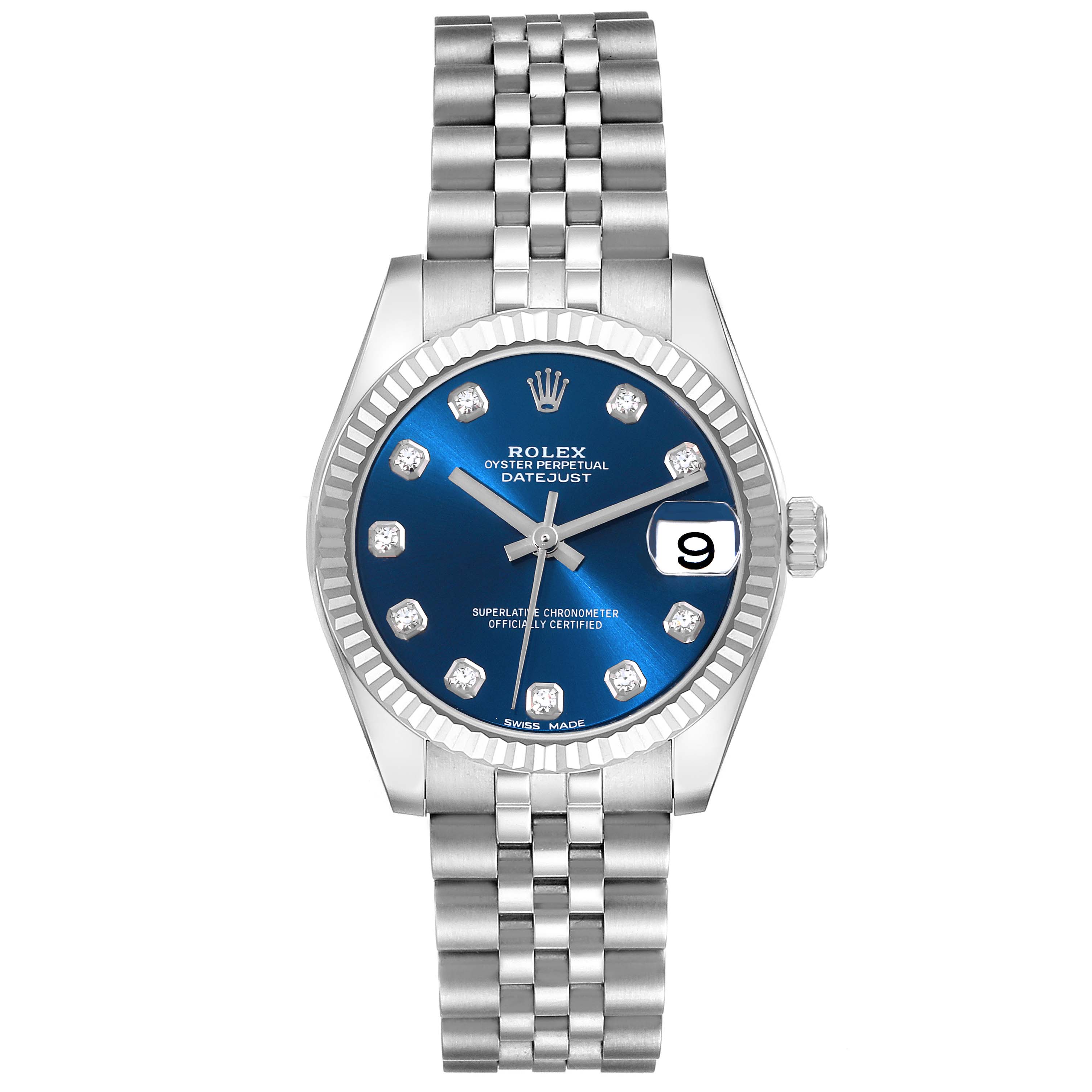 This image shows a front view of a Mid-Size Rolex Datejust watch, featuring a blue dial, diamond markers, and Jubilee bracelet.