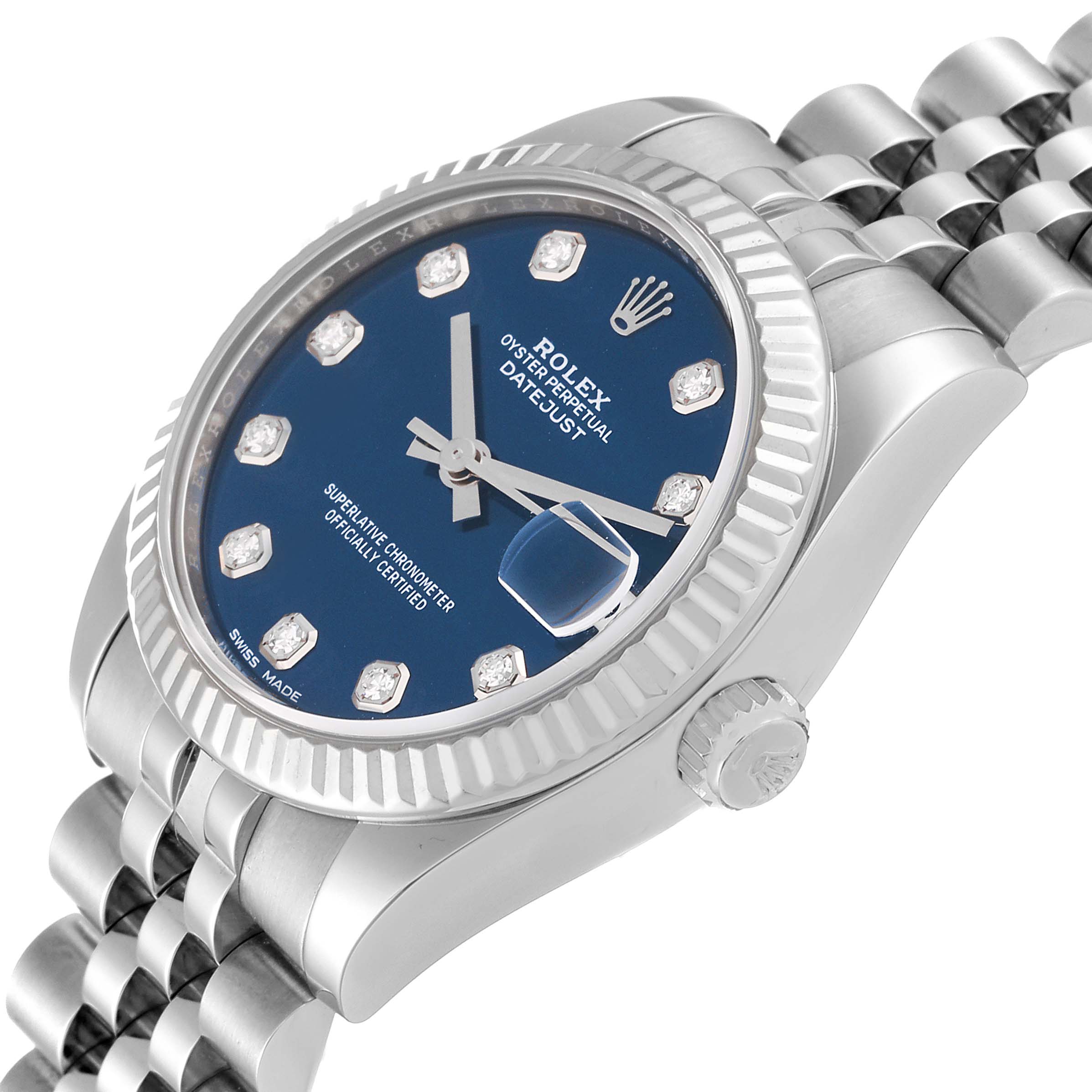 The angled close-up view of the Rolex Mid-Size 178274 Women
s Stainless Steel Blue Dial 178274 Women
s Stainless Steel Blue Dial Datejust watch shows the dial, bezel, and a section of the bracelet.