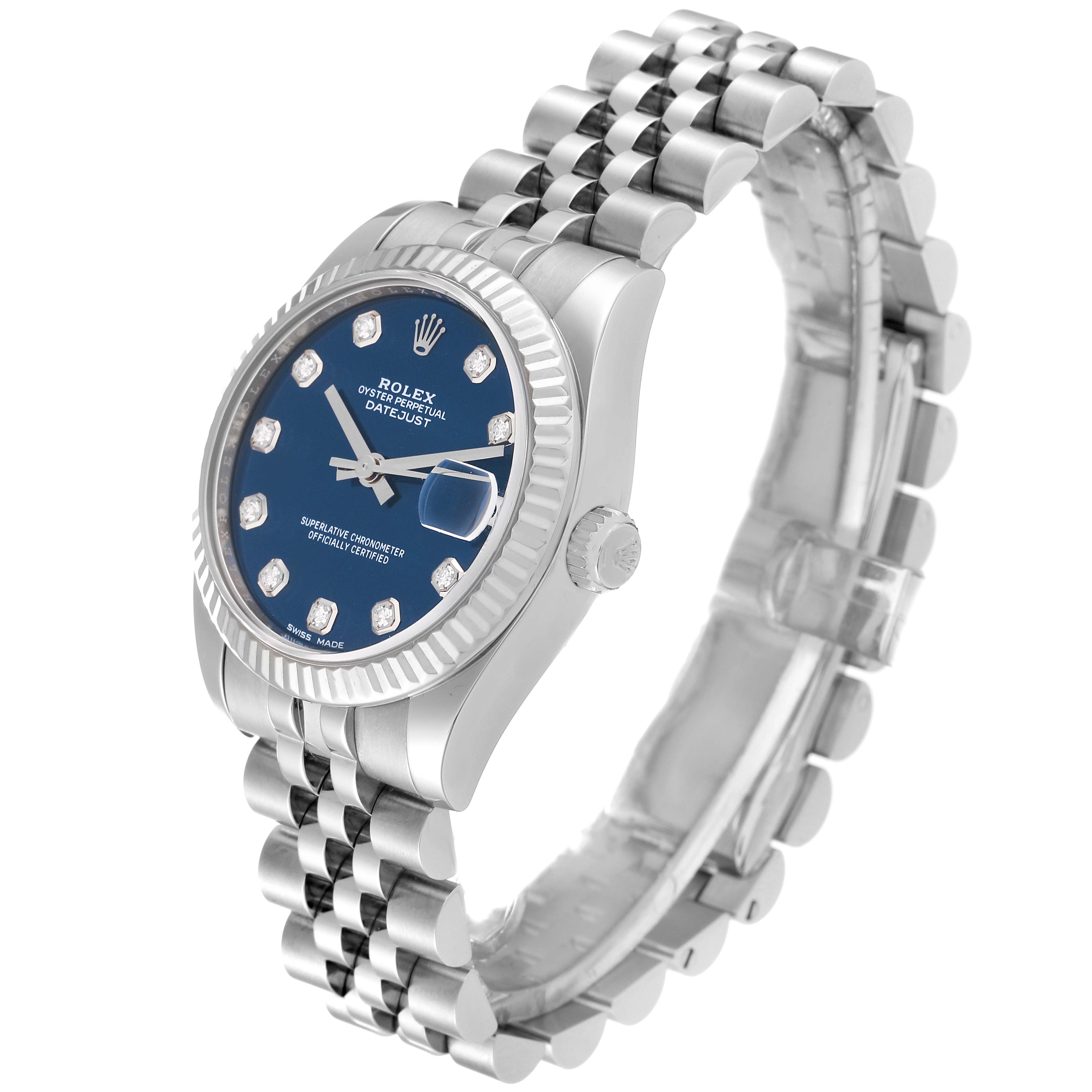 This image shows a side angle of a Rolex Mid-Size 178274 Women
s Stainless Steel Blue Dial 178274 Women
s Stainless Steel Blue Dial Oyster Perpetual Datejust, highlighting the watch face, bezel, and bracelet.