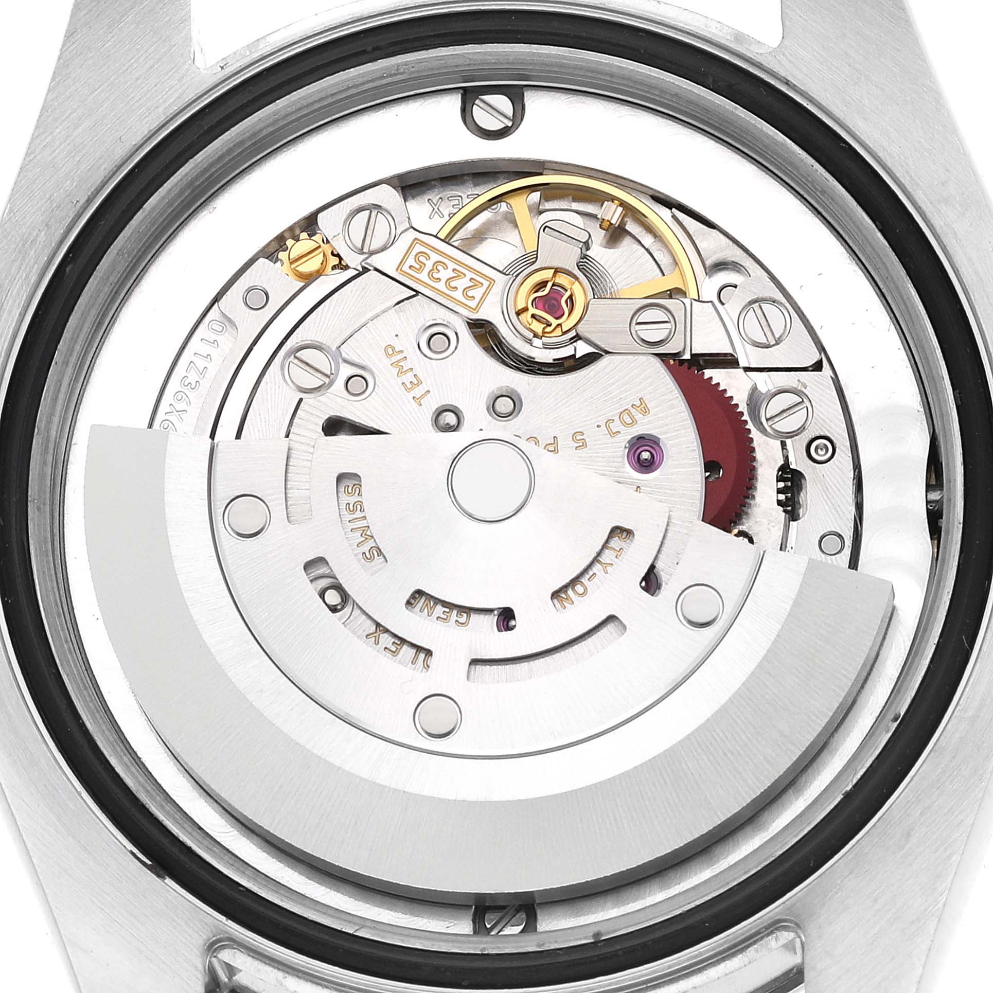 This image shows the internal movement mechanism of a Rolex Mid-Size 178274 Women
s Stainless Steel Blue Dial 178274 Women
s Stainless Steel Blue Dial watch viewed from the back.