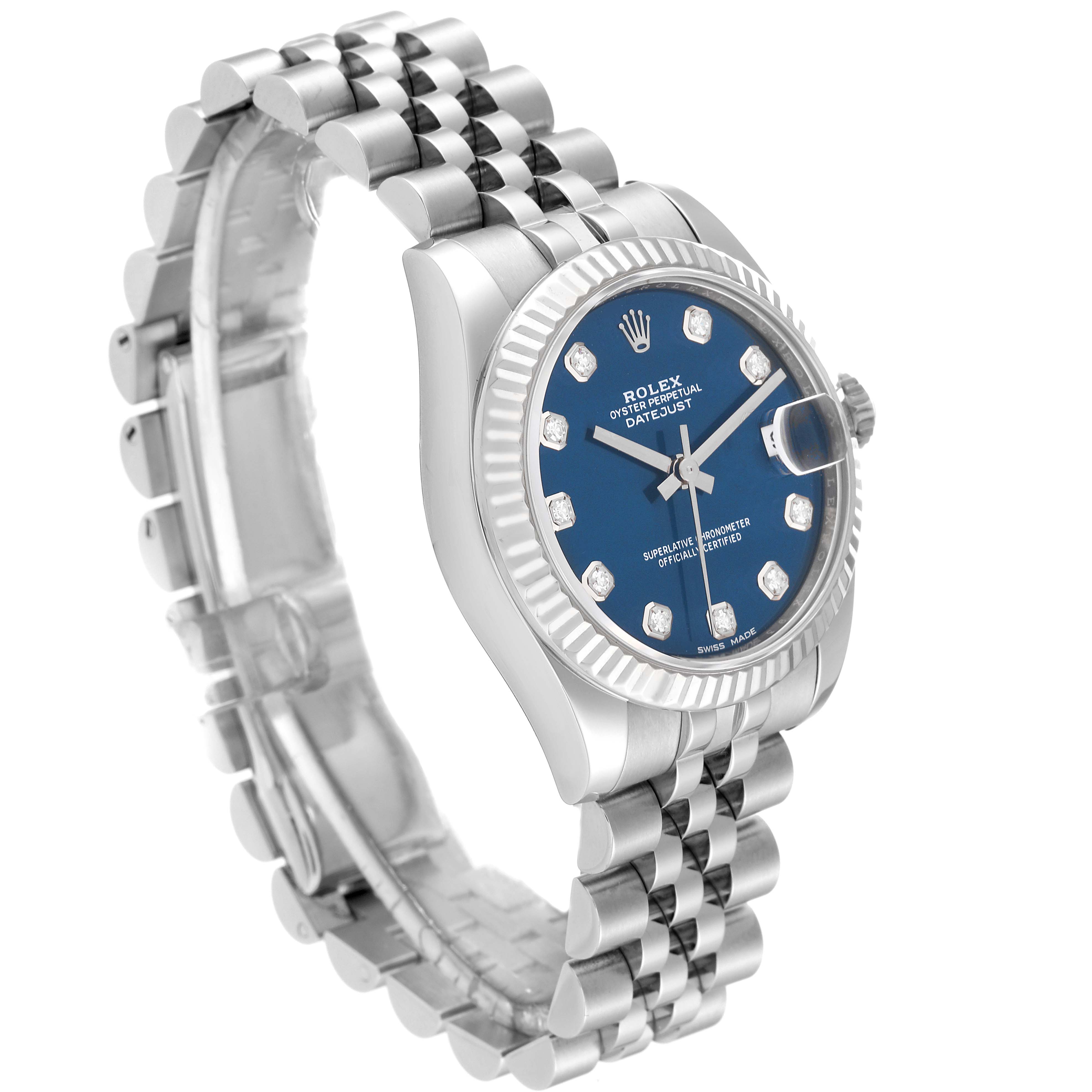 This Rolex Mid-Size 178274 Women
s Stainless Steel Blue Dial 178274 Women
s Stainless Steel Blue Dial Datejust watch is shown at an oblique angle displaying its face, bracelet, and crown.