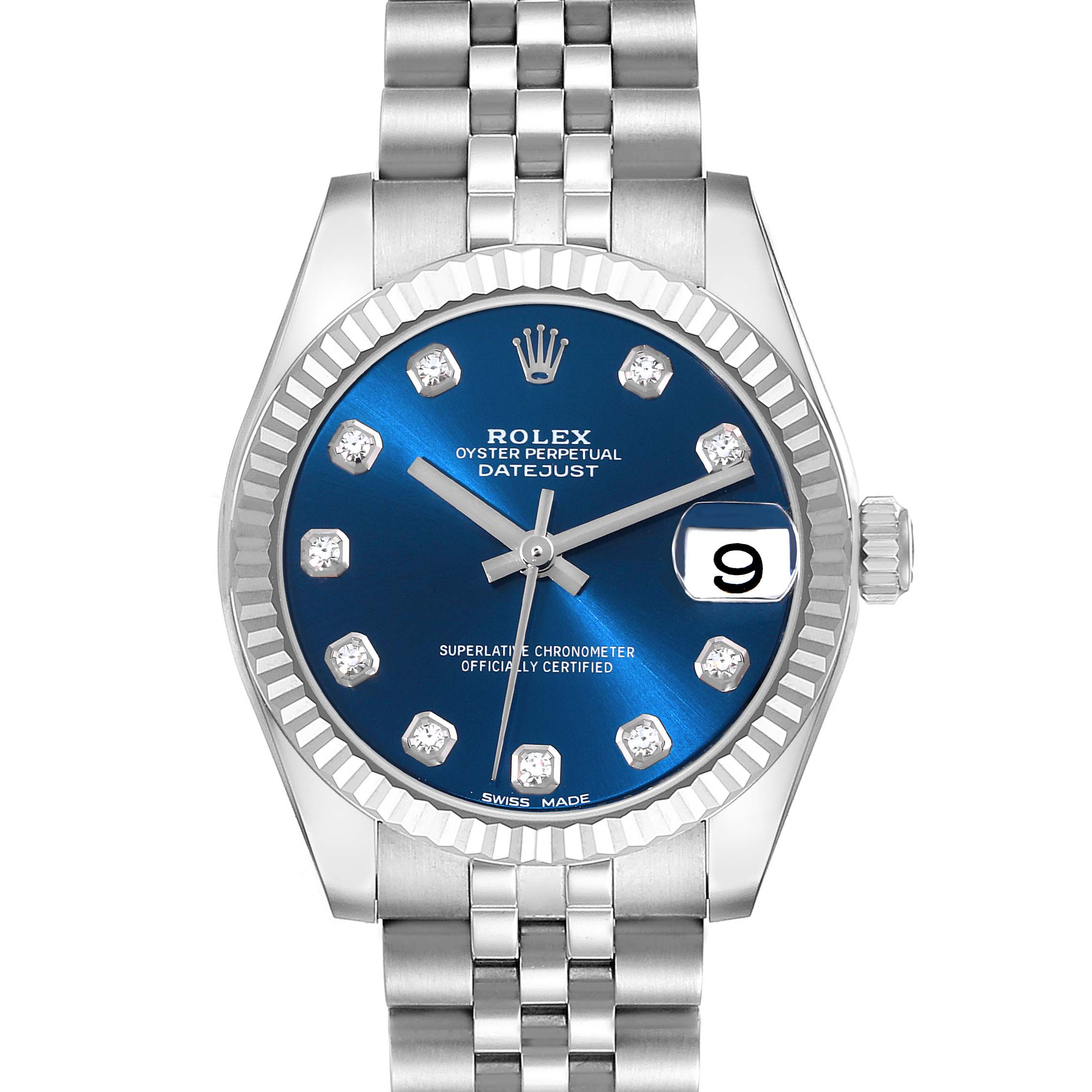 This image shows a frontal view of the Rolex Mid-Size 178274 Women
s Stainless Steel Blue Dial 178274 Women
s Stainless Steel Blue Dial Oyster Perpetual Datejust watch, highlighting the blue dial, date display, and bracelet.