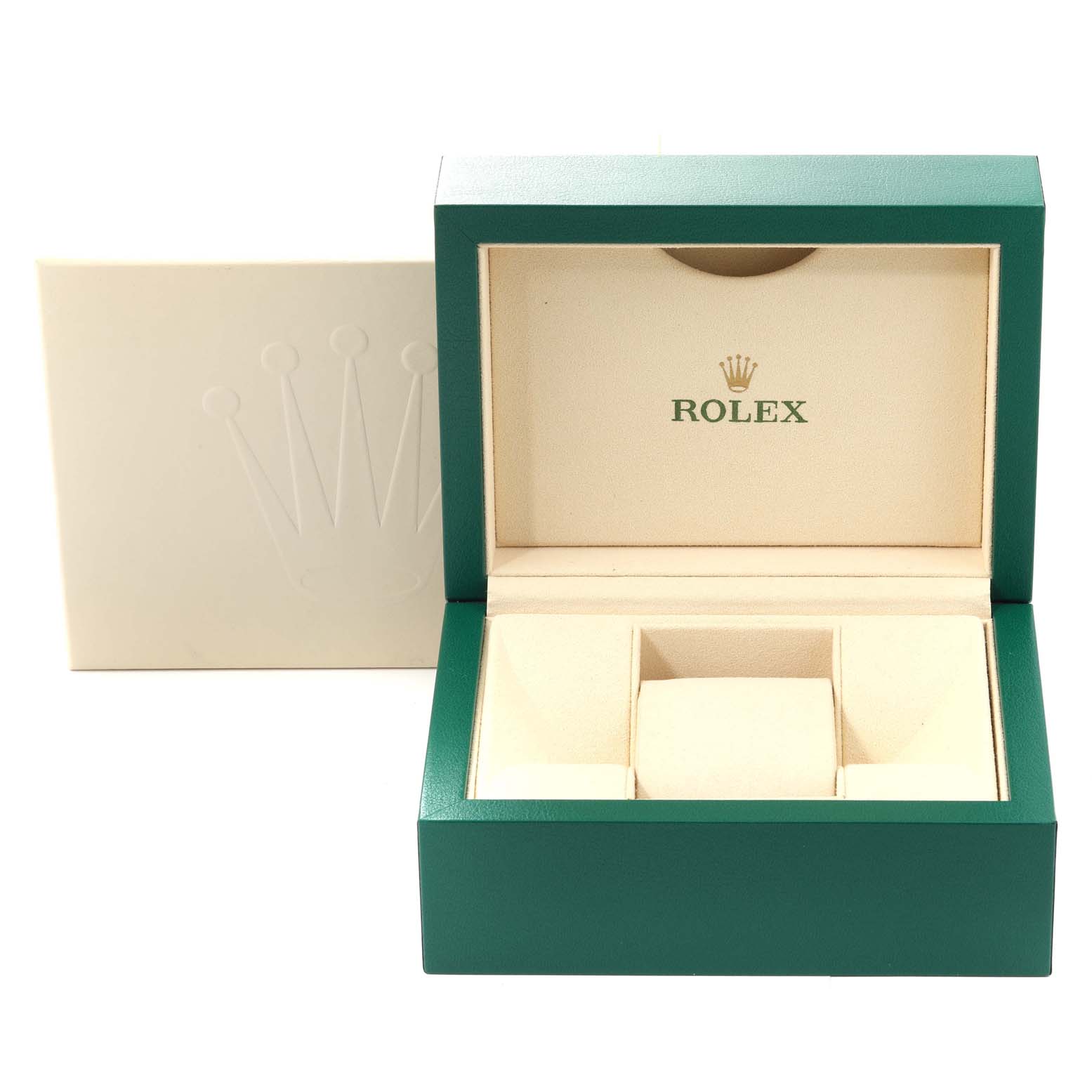 This image shows an open Rolex watch box in green and beige, designed for the Mid-Size model, with the lid displaying the brand logo.