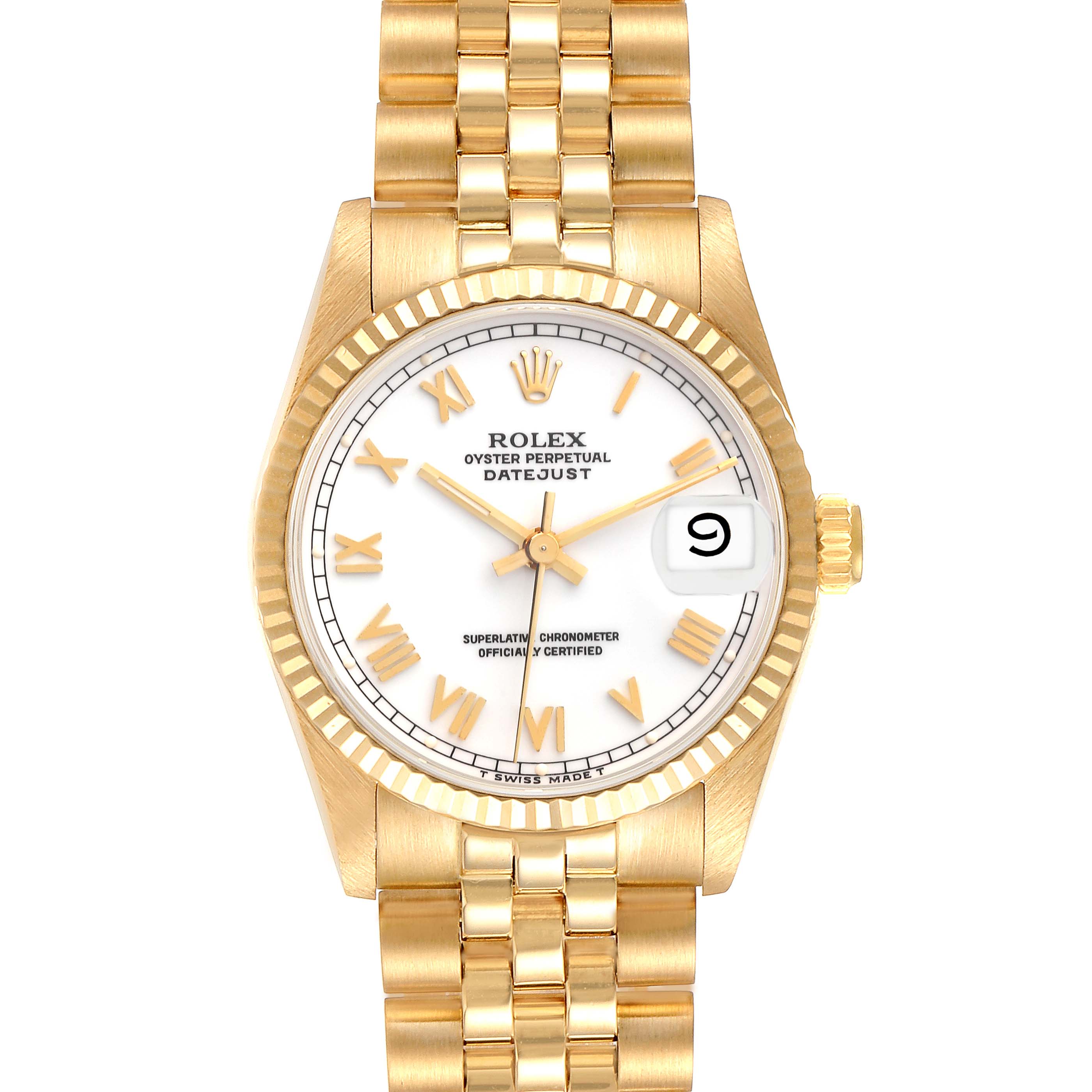 This image shows a frontal view of the Rolex President 68278 Women
s Yellow Gold White Dial 68278 Women
s Yellow Gold White Dial model watch, highlighting its gold bracelet, white dial, and fluted bezel.