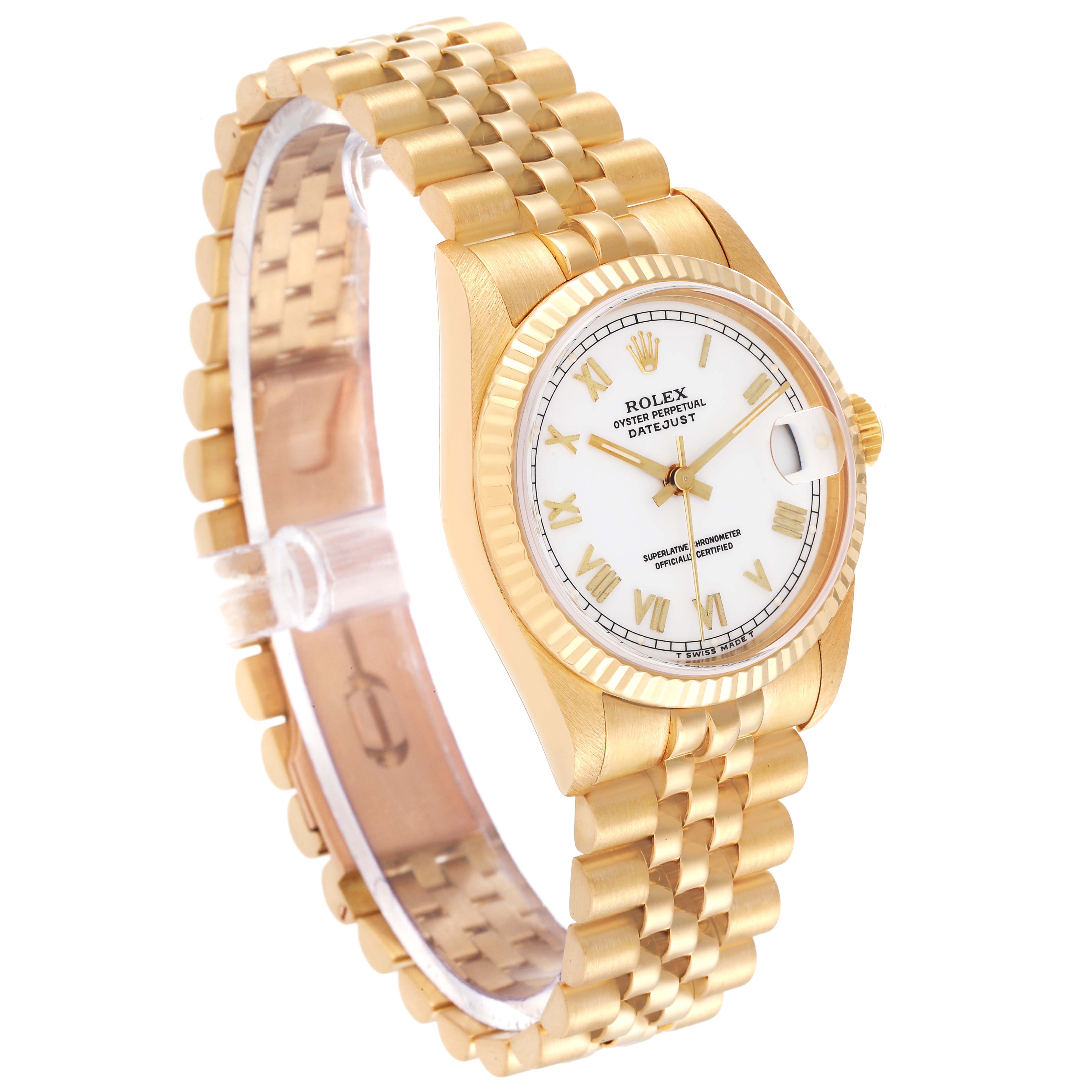 The image shows a Rolex President 68278 Women
s Yellow Gold White Dial 68278 Women
s Yellow Gold White Dial model watch, highlighting its face, bezel, crown, and bracelet from an angled side view.