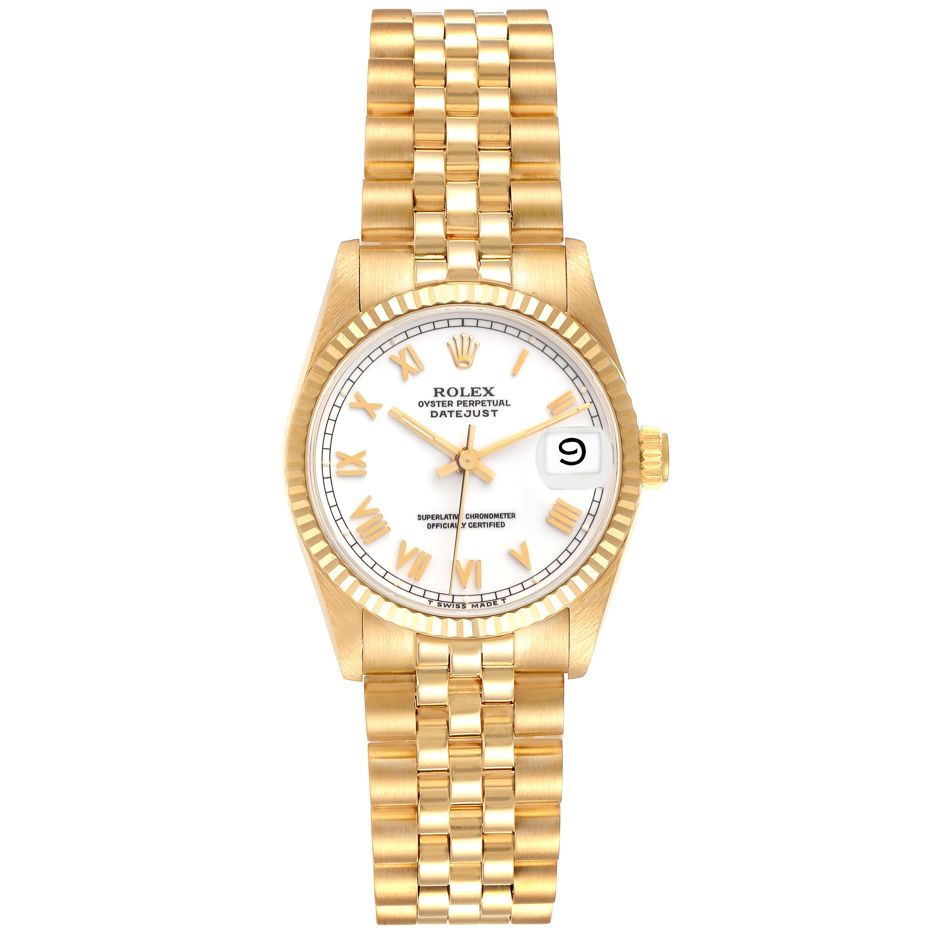 This image shows a frontal view of the Rolex President 68278 Women
s Yellow Gold White Dial 68278 Women
s Yellow Gold White Dial model, highlighting its gold bracelet, white dial, and Roman numeral markers.