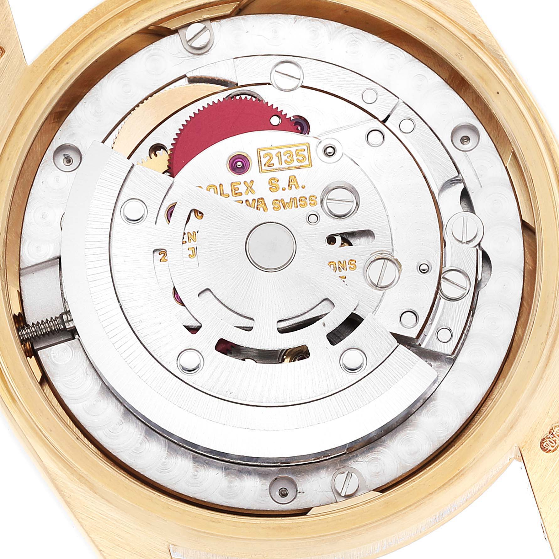 The image shows the internal mechanical movement of a Rolex President 68278 Women
s Yellow Gold White Dial 68278 Women
s Yellow Gold White Dial model watch at a close angle.