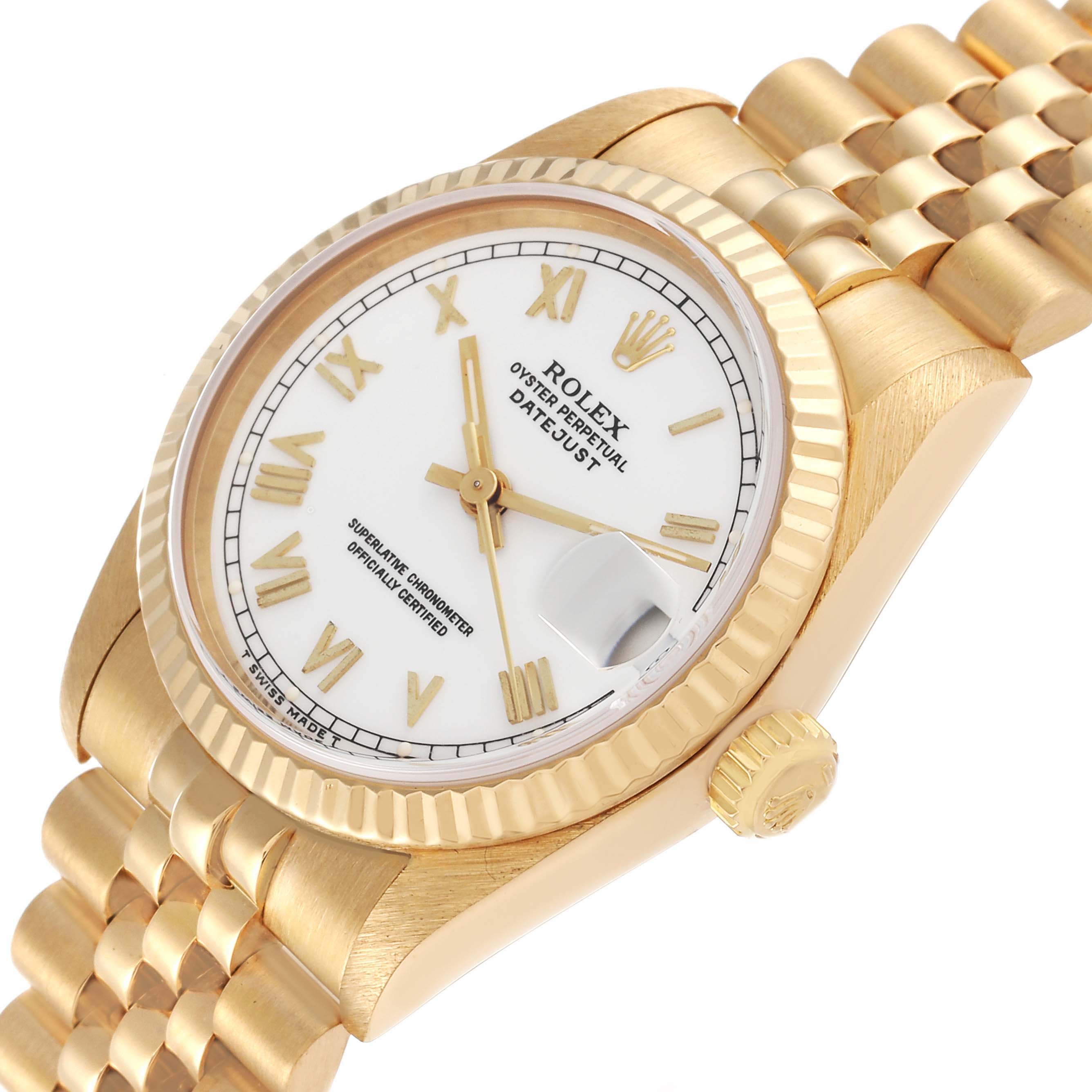 The image shows a Rolex President 68278 Women
s Yellow Gold White Dial 68278 Women
s Yellow Gold White Dial watch from an angled top view, highlighting the white dial, fluted bezel, and gold bracelet.