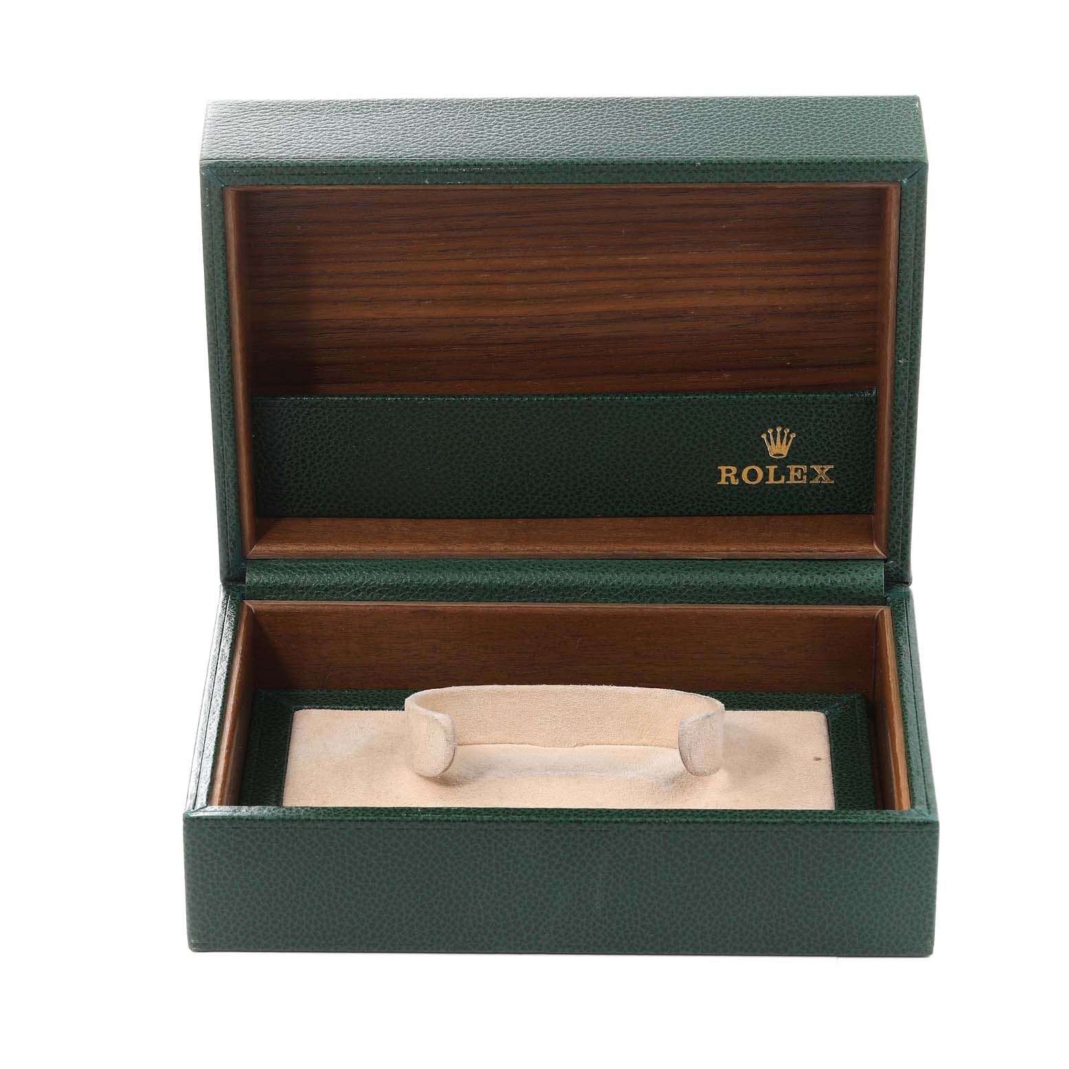 The image shows an empty Rolex watch box for the President model, with the lid open and the brand logo visible inside.