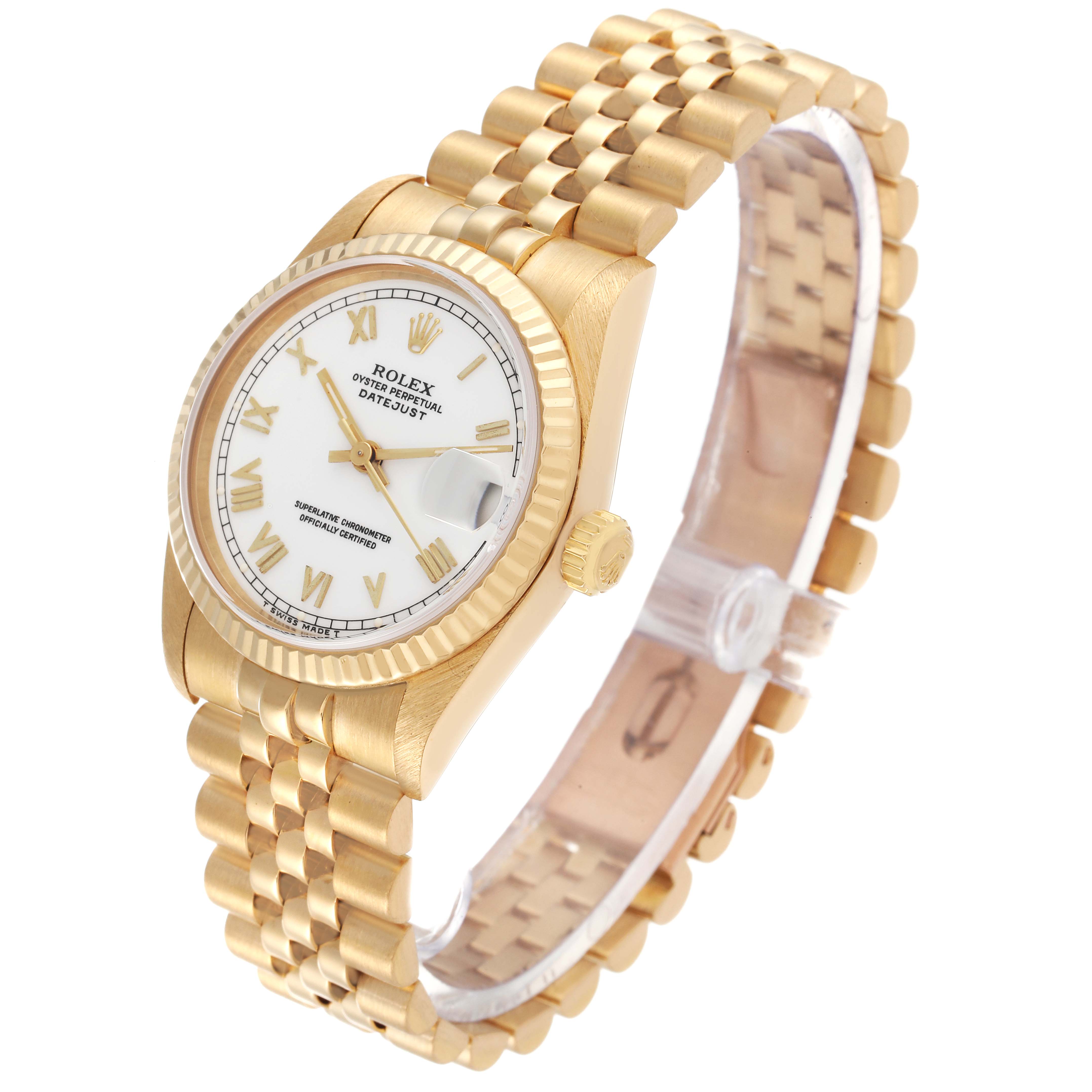 The image shows a side perspective of the Rolex President 68278 Women
s Yellow Gold White Dial 68278 Women
s Yellow Gold White Dial model watch, displaying its gold bracelet, white dial, and date window.