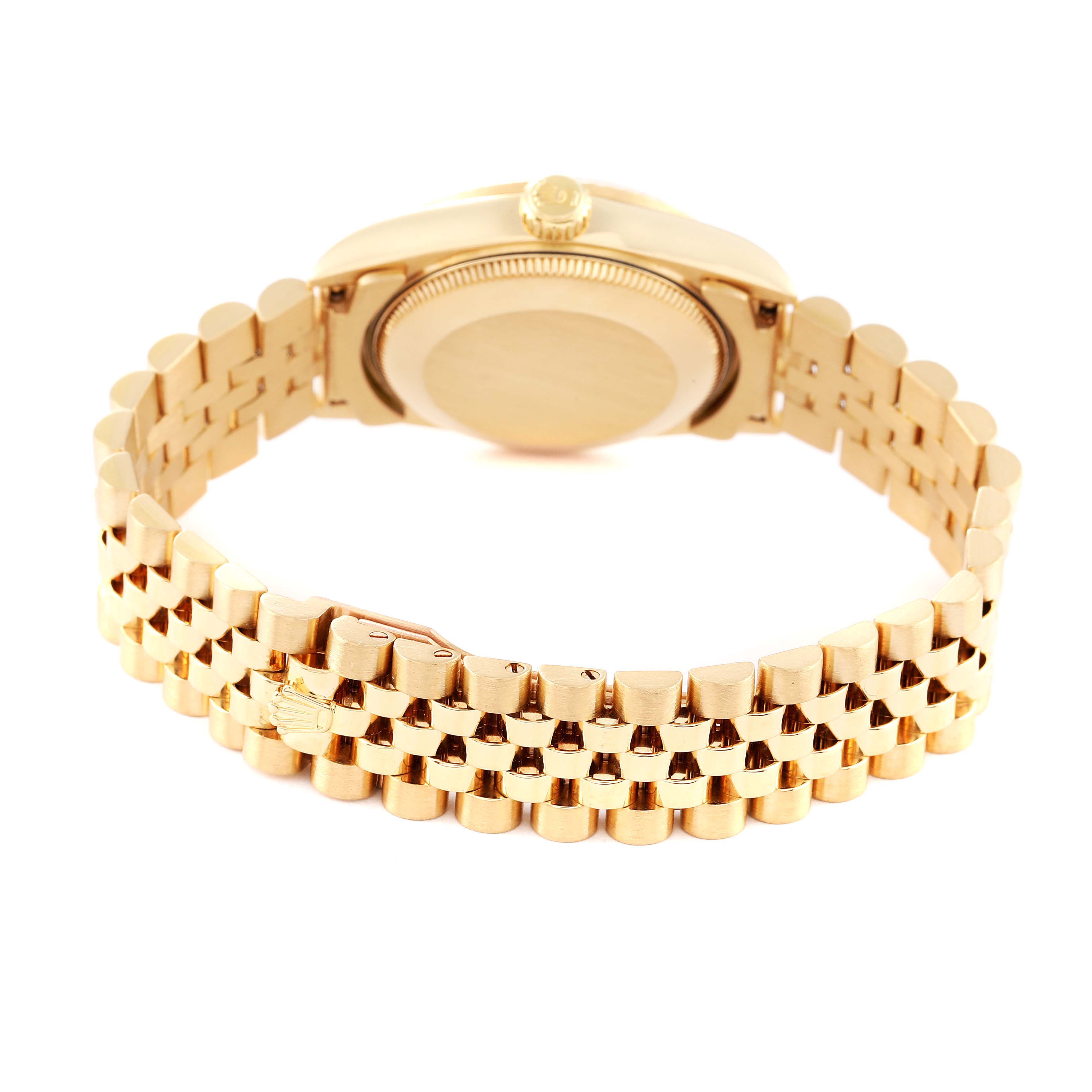 The image shows the back view of a Rolex President 68278 Women
s Yellow Gold White Dial 68278 Women
s Yellow Gold White Dial model watch, focusing on its gold case and bracelet.