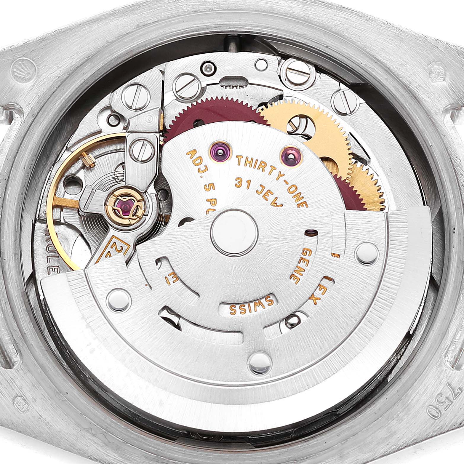The image shows an overhead view of the Rolex President 179159 Women's White Gold Silver Dial model's watch movement, highlighting gears and mechanical components.