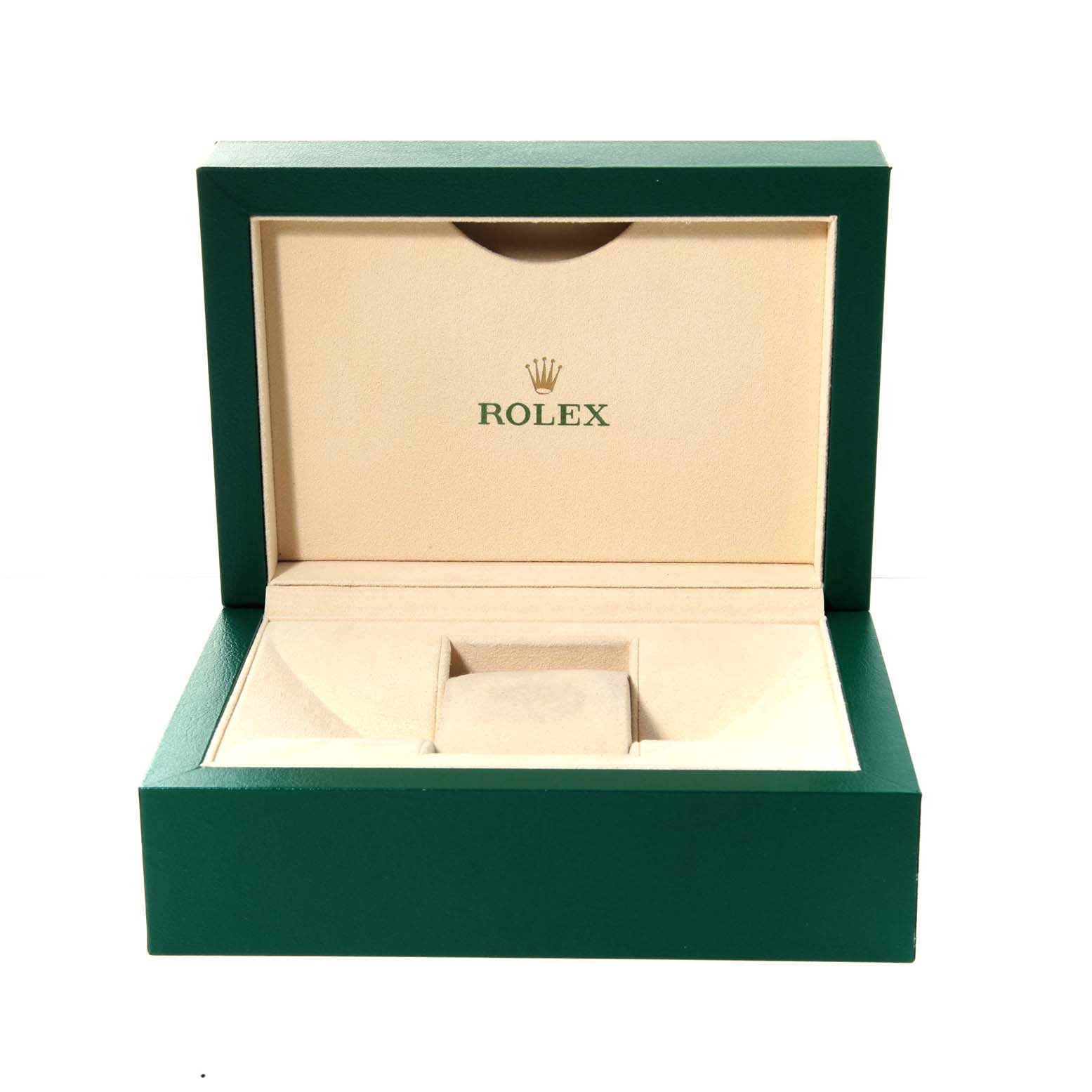The image shows an open green and beige box for a Rolex President 179159 Women's White Gold Silver Dial model, with the logo and watch cushion inside.