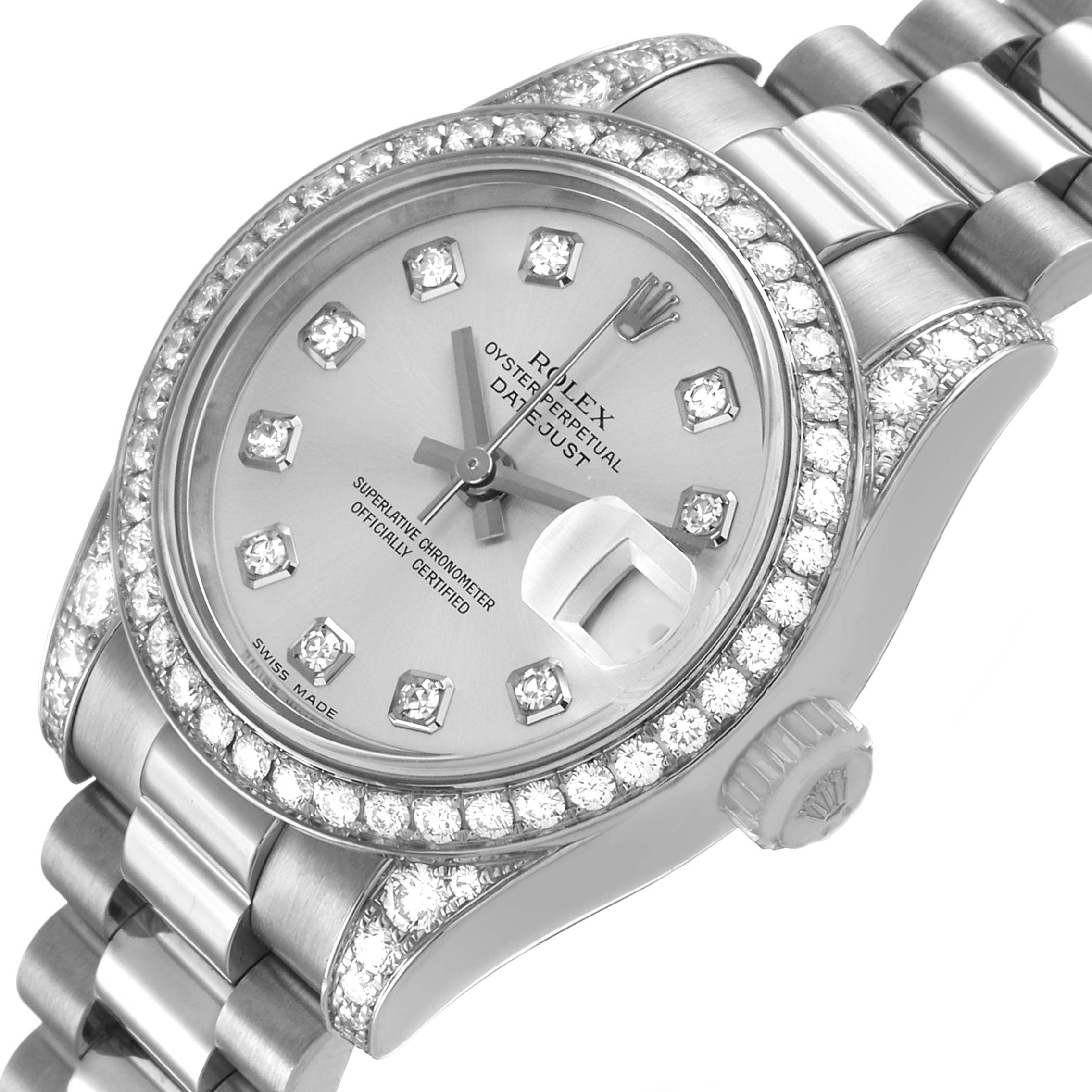 The Rolex President 179159 Women's White Gold Silver Dial model watch is shown at an angled close-up, highlighting its diamond-studded bezel, dial, crown, and bracelet.