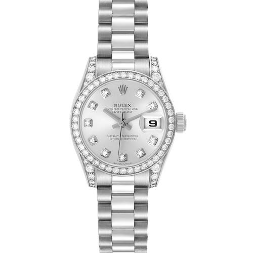 The Rolex President 179159 Women's White Gold Silver Dial model is shown from a top-down view, highlighting the dial, bezel, bracelet, and date window.