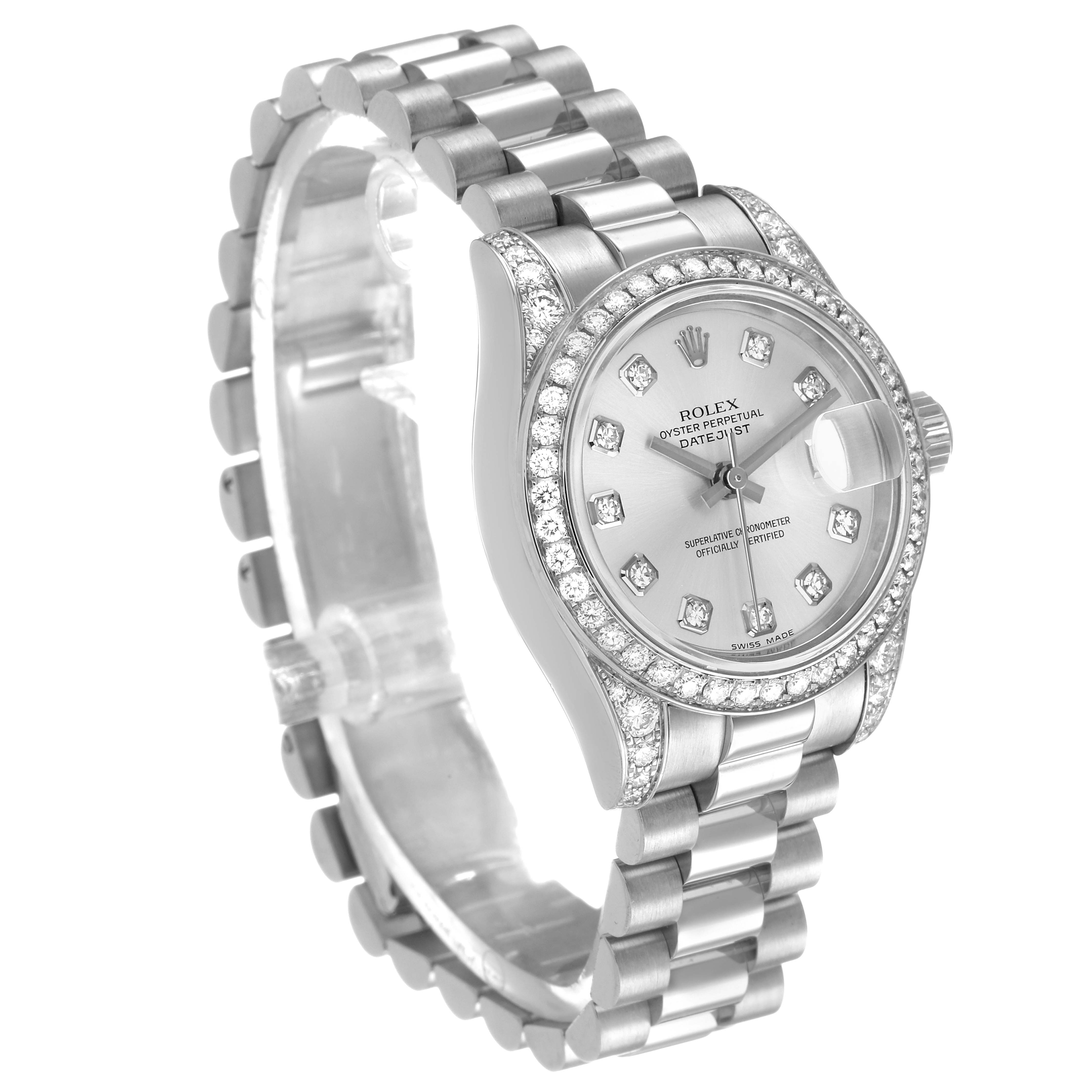 The Rolex President 179159 Women's White Gold Silver Dial model watch is shown in a three-quarter view highlighting the face, bezel, and bracelet.