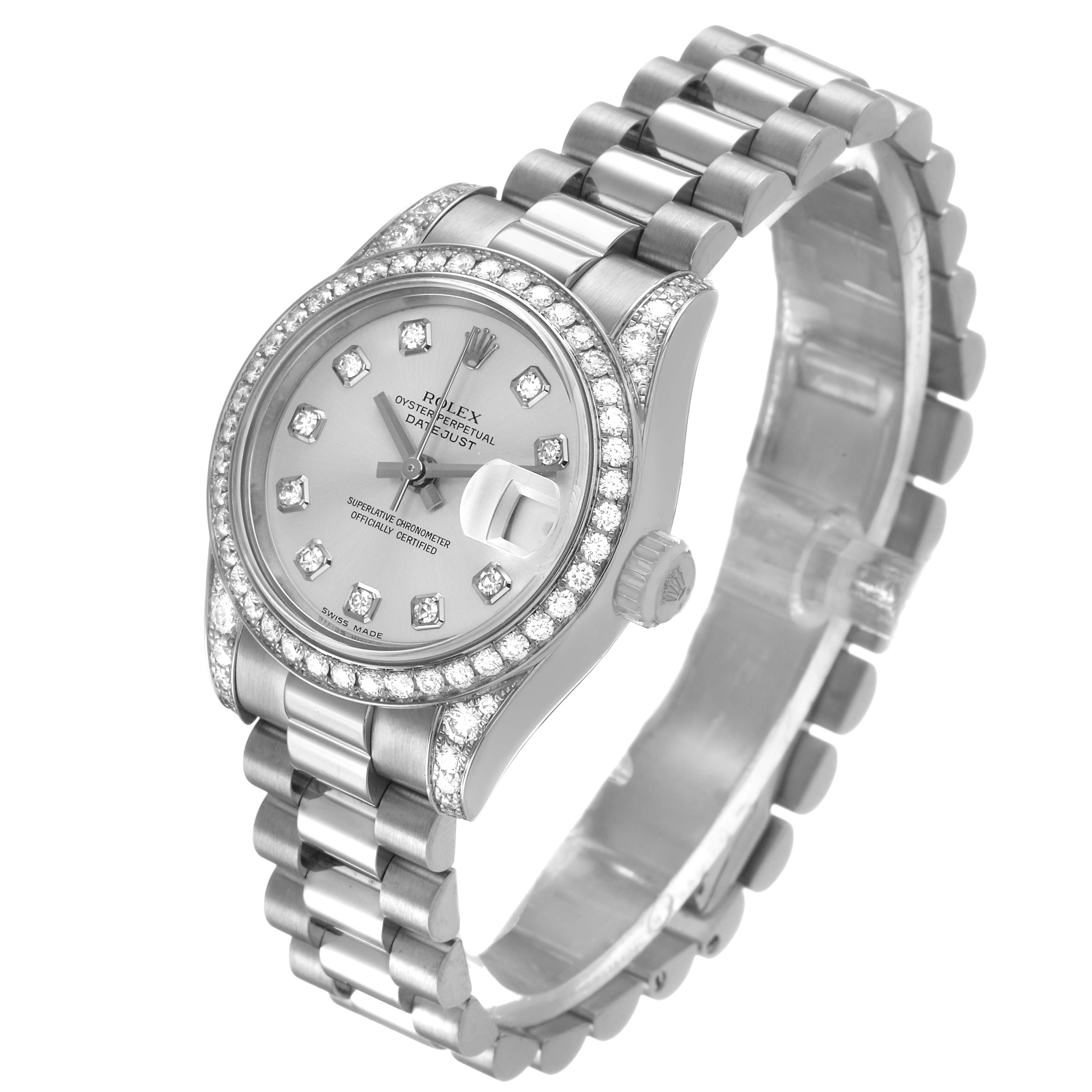 The Rolex President 179159 Women's White Gold Silver Dial model watch is shown at a tilted angle, highlighting the face, bezel, bracelet, and crown.