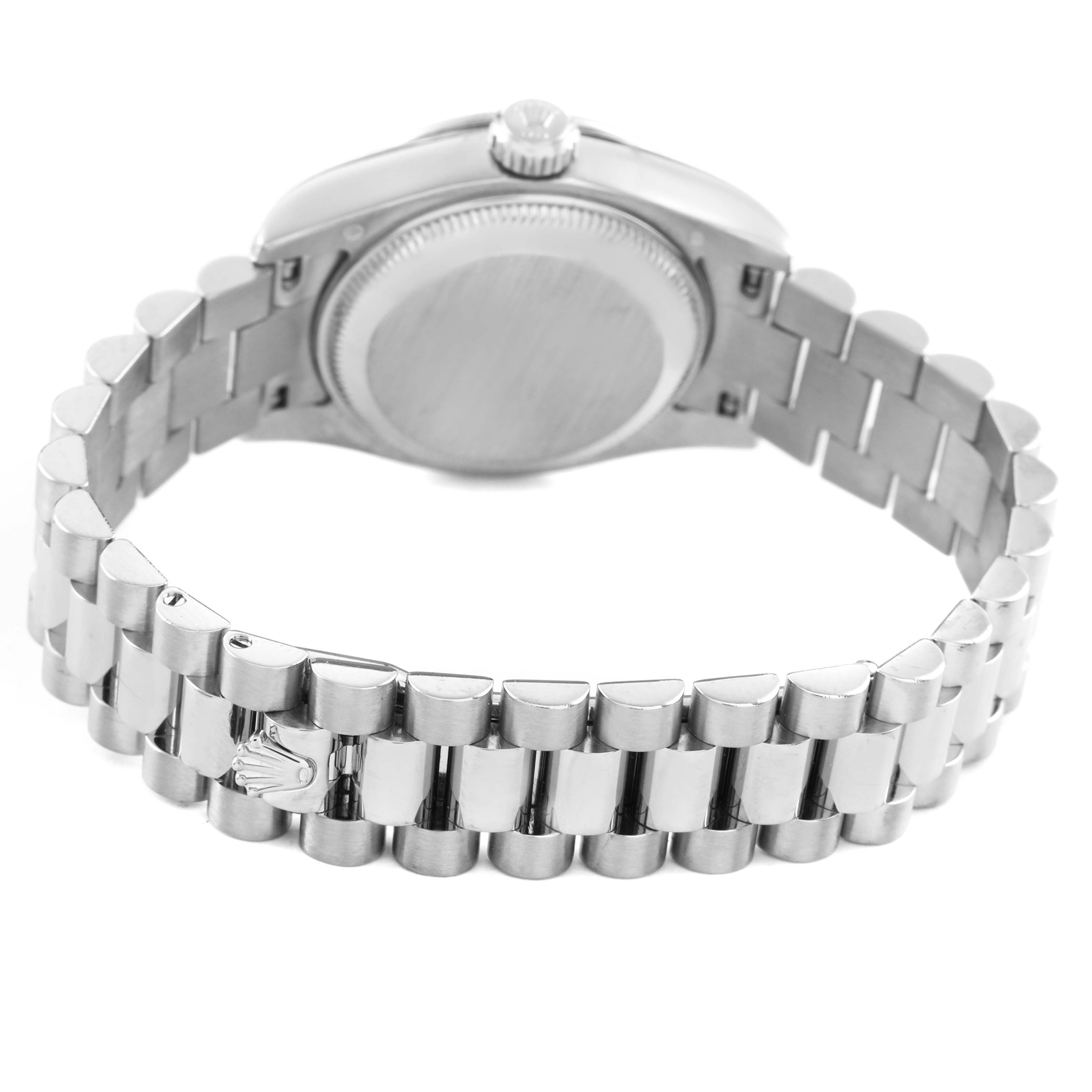 The image shows the bracelet and clasp of a Rolex President 179159 Women's White Gold Silver Dial watch from the back view.