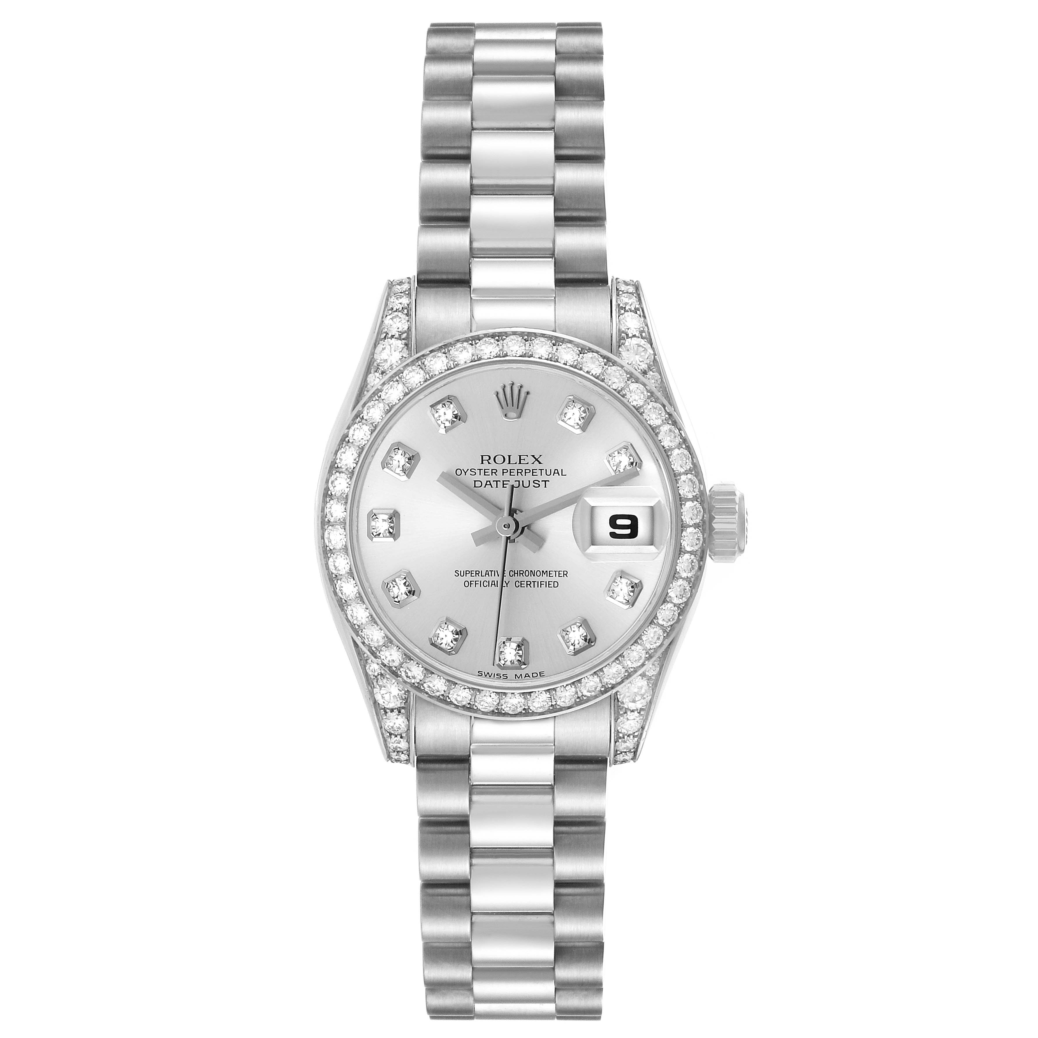 The Rolex President 179159 Women's White Gold Silver Dial model is shown from a top-down angle, highlighting the bracelet, bezel, dial, and date window.