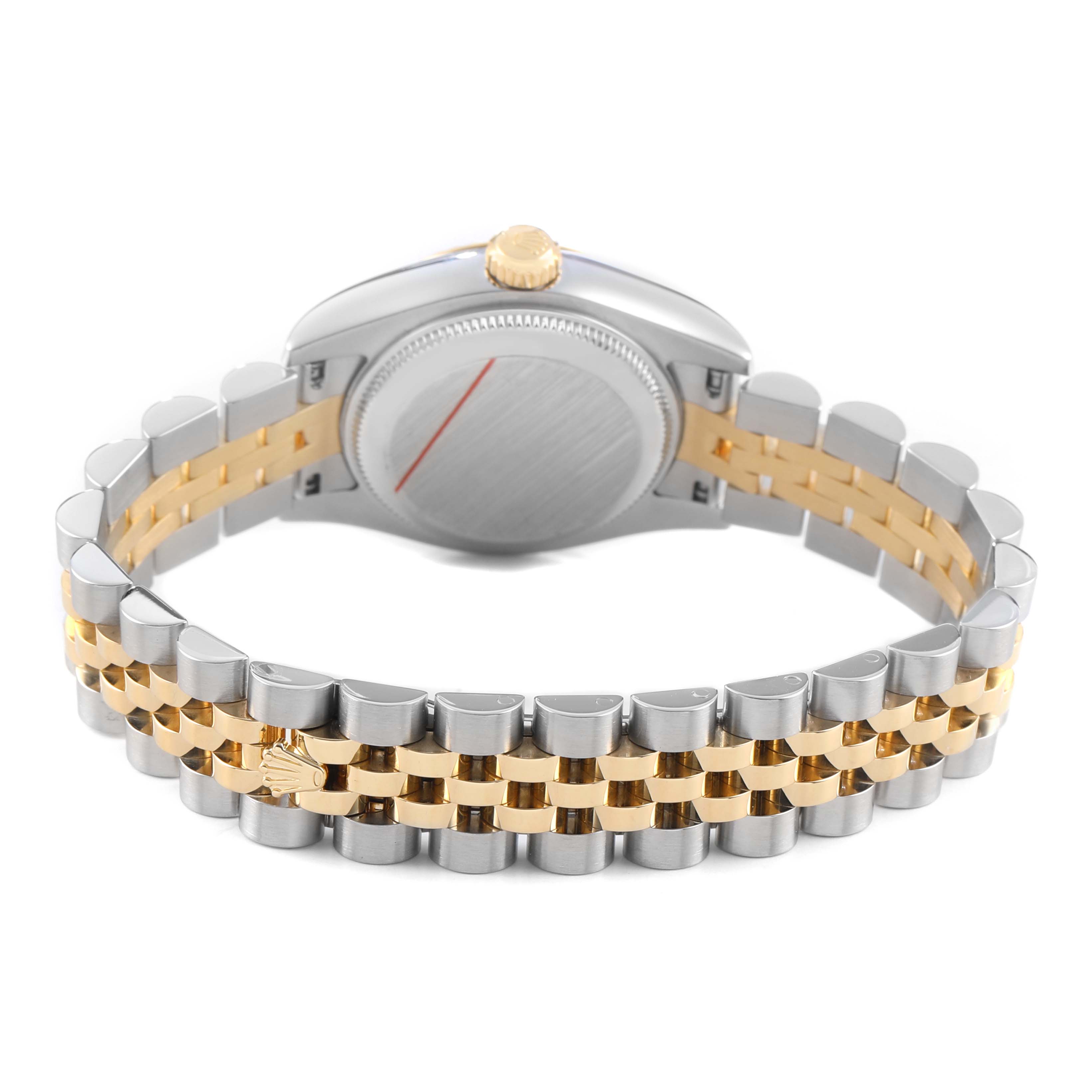The image shows the back and bracelet of a Rolex Datejust 179173 Women's Steel and Gold (two tone) Silver Dial, highlighting its two-tone Jubilee bracelet and crown.