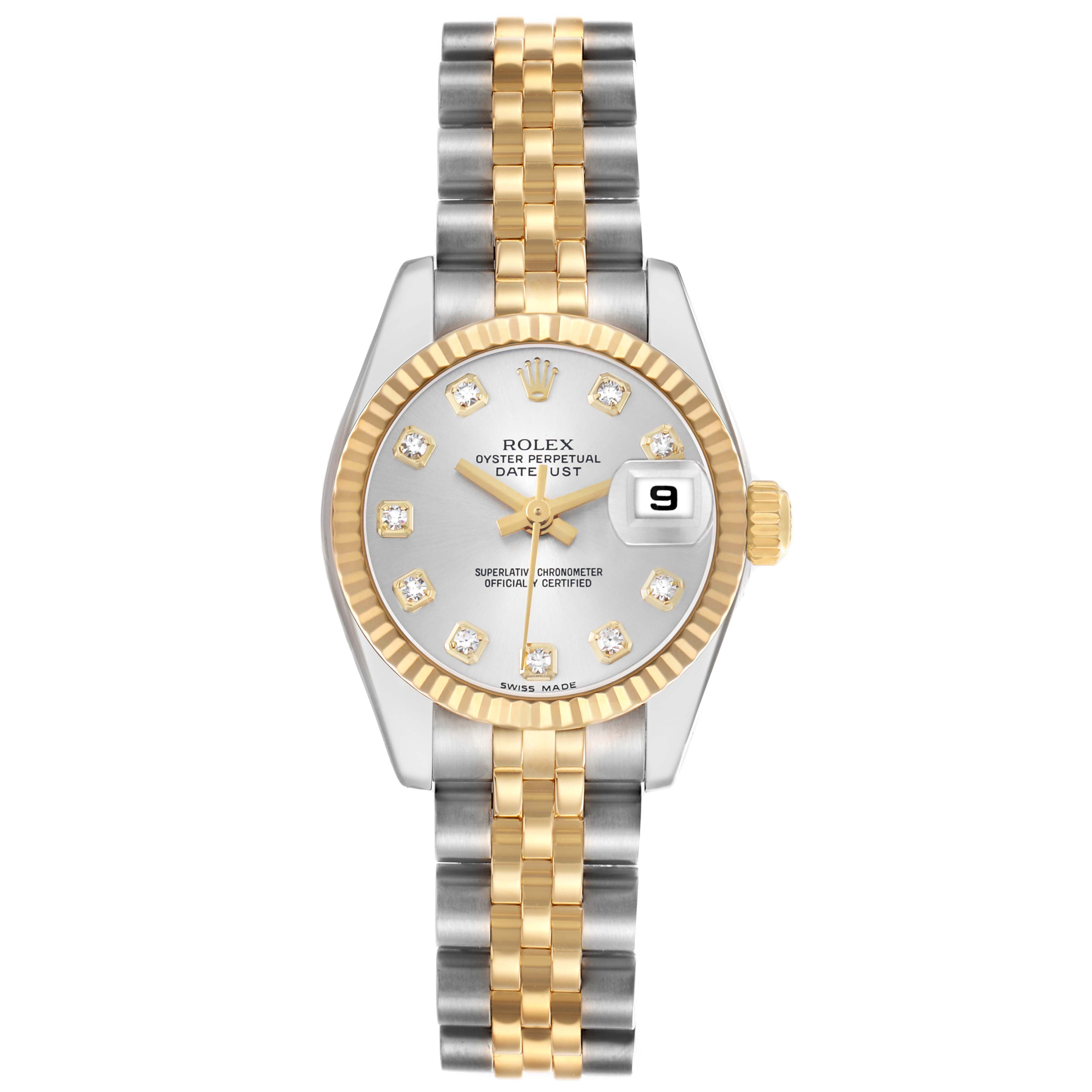 The Rolex Datejust 179173 Women's Steel and Gold (two tone) Silver Dial watch is shown from a top-down angle, highlighting its dial, bezel, bracelet, and date window.