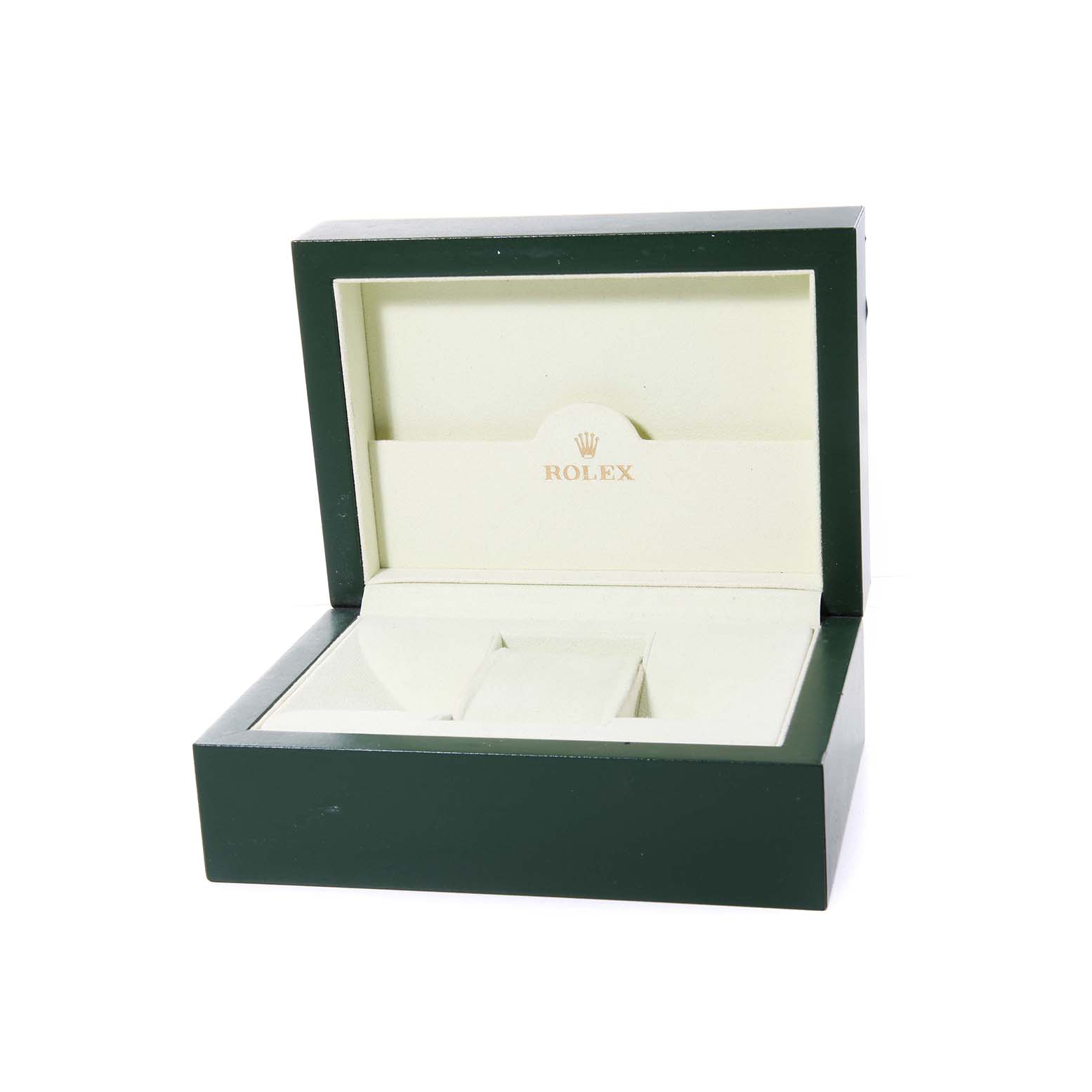 The image shows an open Rolex Datejust 179173 Women's Steel and Gold (two tone) Silver Dial watch box at a three-quarter angle, revealing its interior.