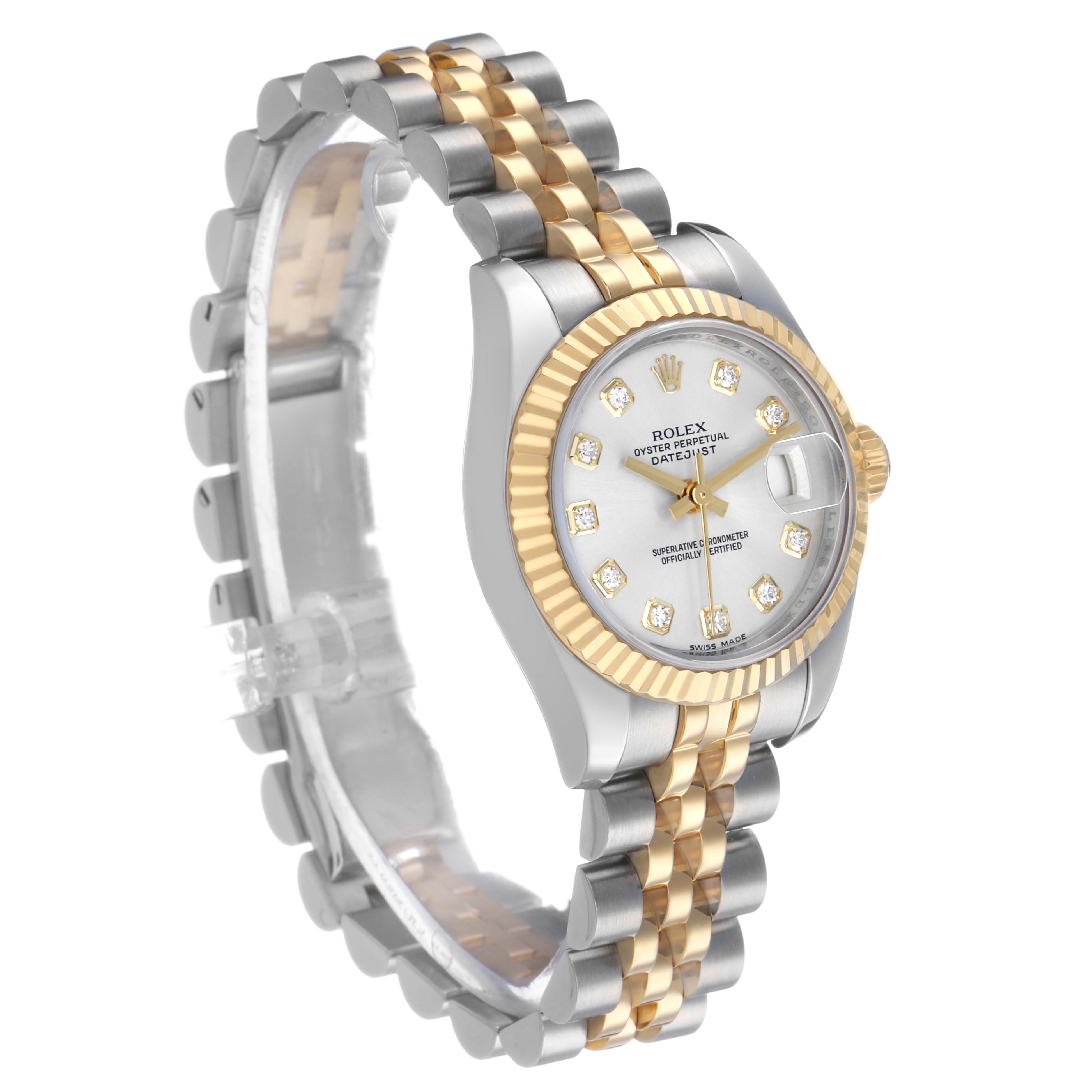The Rolex Datejust 179173 Women's Steel and Gold (two tone) Silver Dial watch is shown at a 3/4 angle, highlighting the two-tone bracelet and fluted bezel.