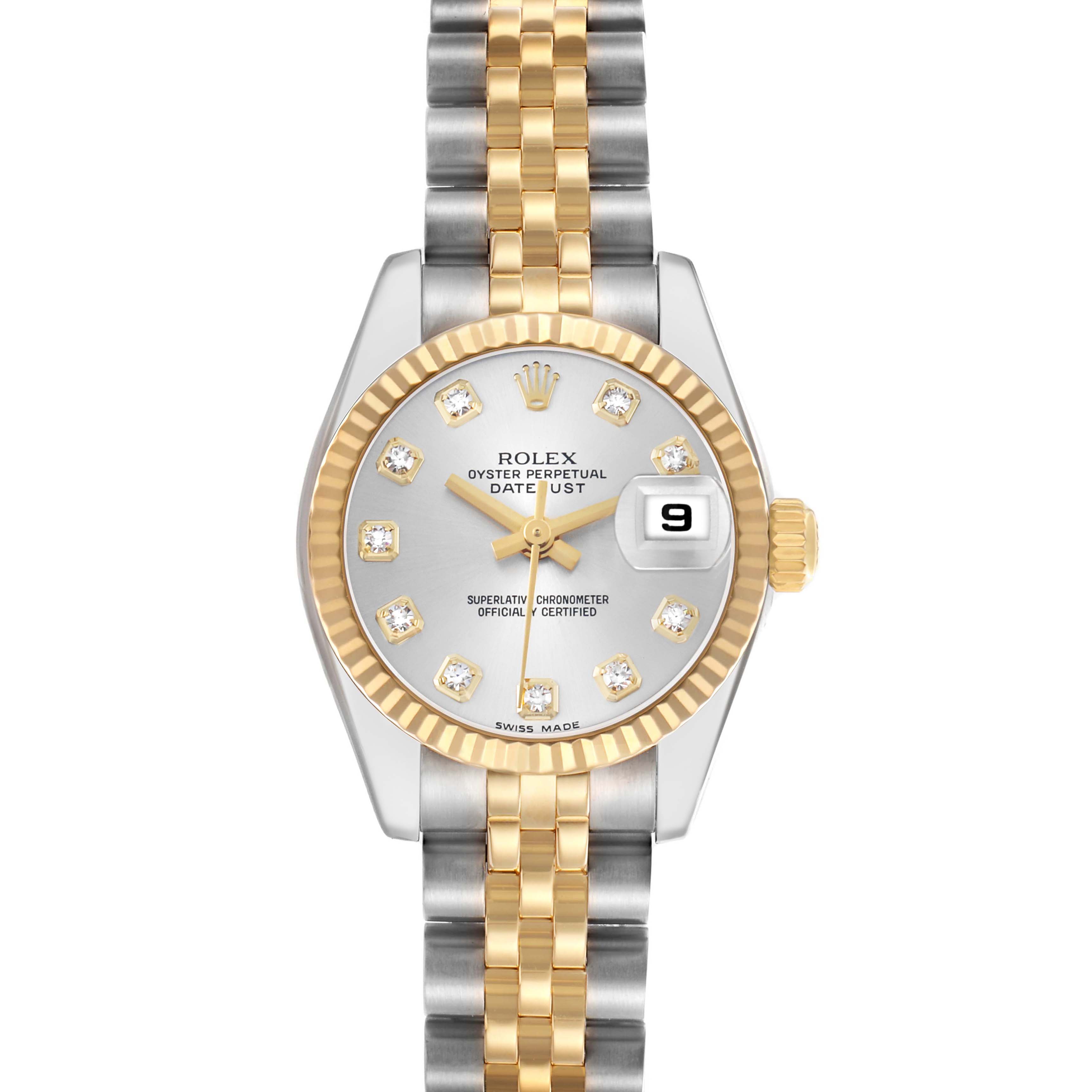 The Rolex Datejust 179173 Women's Steel and Gold (two tone) Silver Dial watch is shown from a top-down angle, displaying the dial, bezel, and Jubilee bracelet.