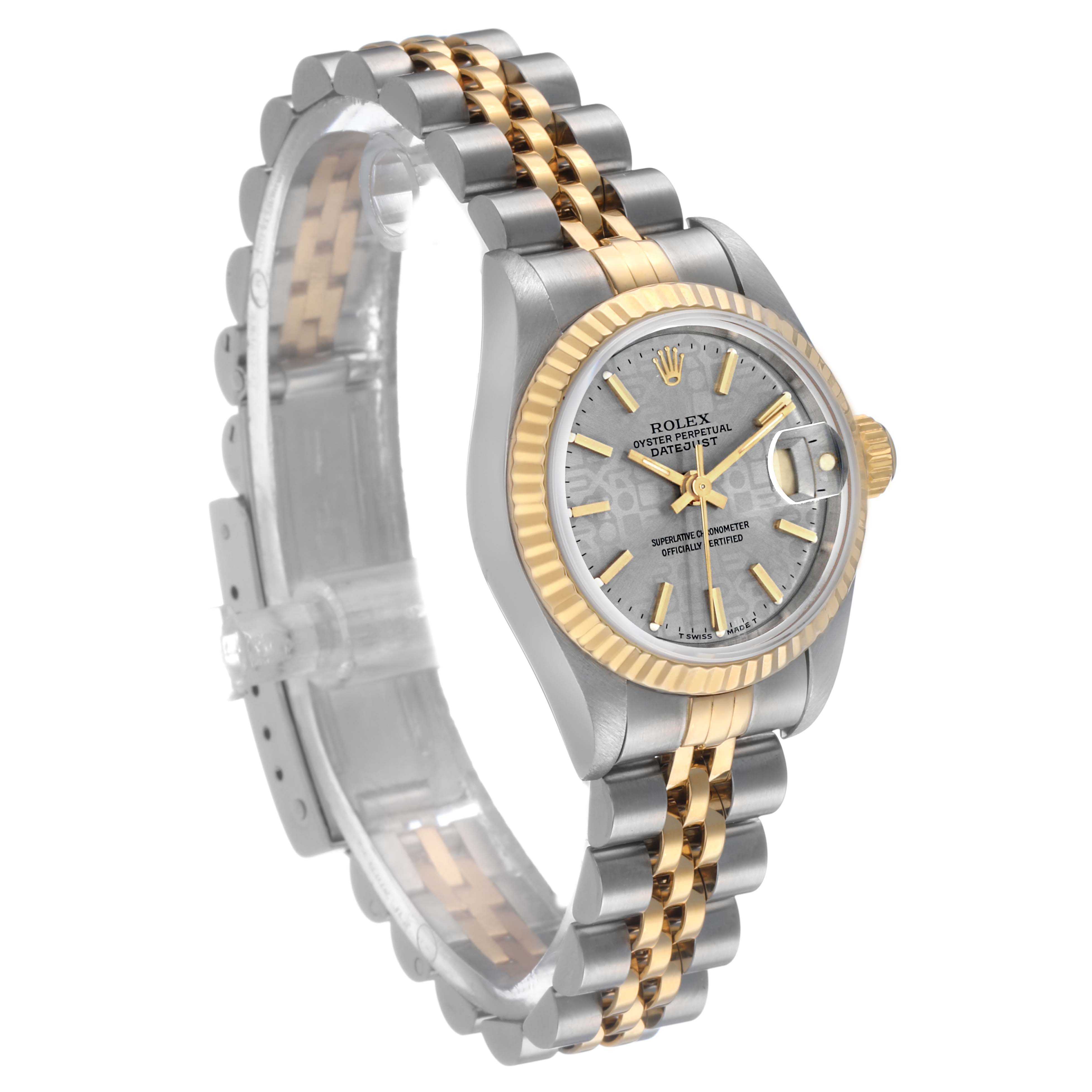 The Rolex Datejust 69173 Women's Steel and Gold (two tone) Silver Dial watch is shown at an oblique angle highlighting the dial, bezel, and two-tone bracelet.