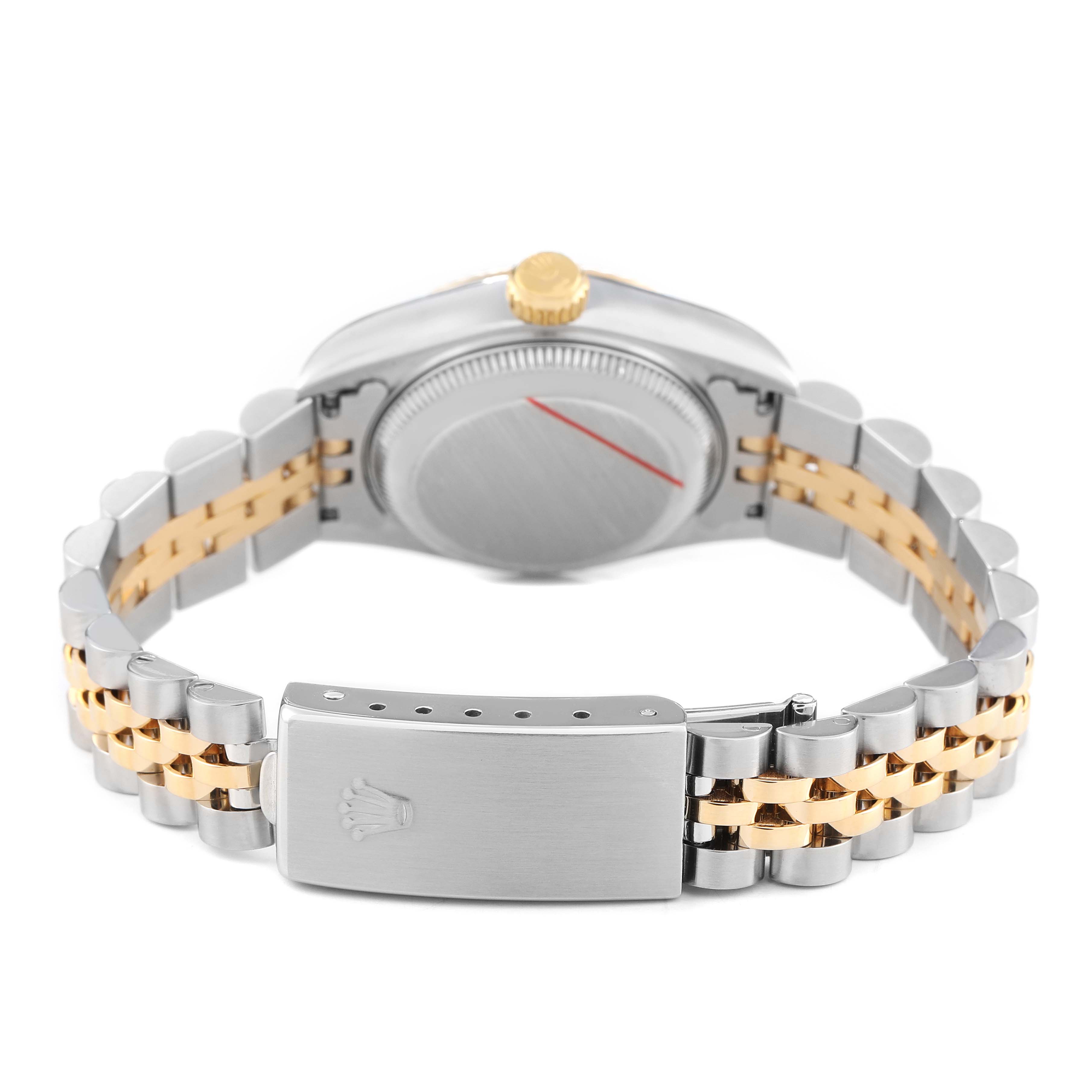 The image shows the back and clasp of the Rolex Datejust 69173 Women's Steel and Gold (two tone) Silver Dial, highlighting the bracelet and crown logo.