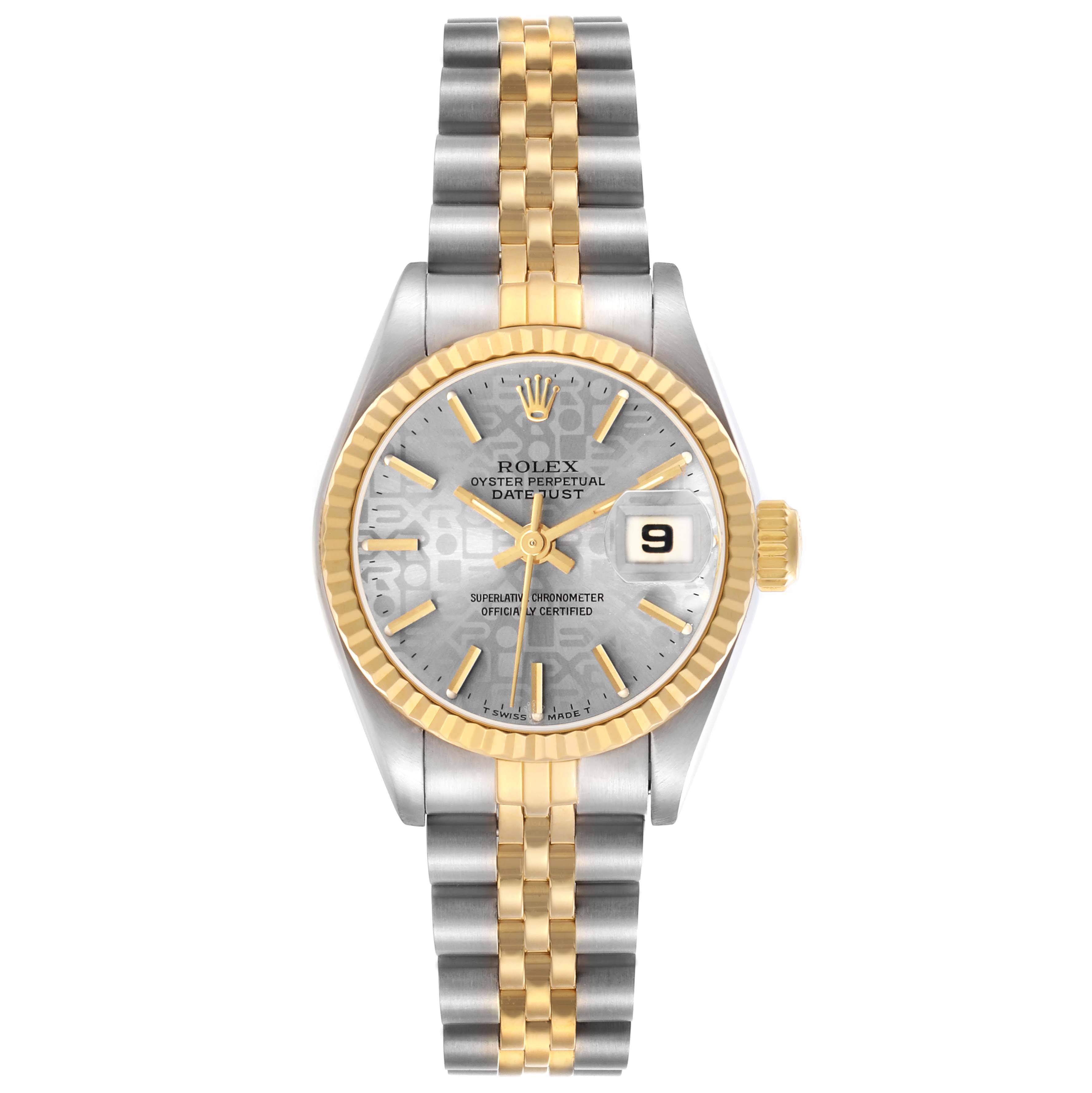 The Rolex Datejust 69173 Women's Steel and Gold (two tone) Silver Dial watch is shown from the front, displaying its dial, bezel, crown, and bracelet.