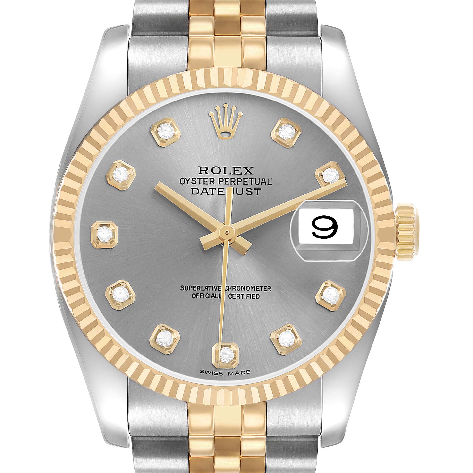 The Rolex Datejust 116233 Men's Steel and Gold (two tone) Grey Dial is shown from the front, displaying the face, fluted bezel, crown, and part of the bracelet.