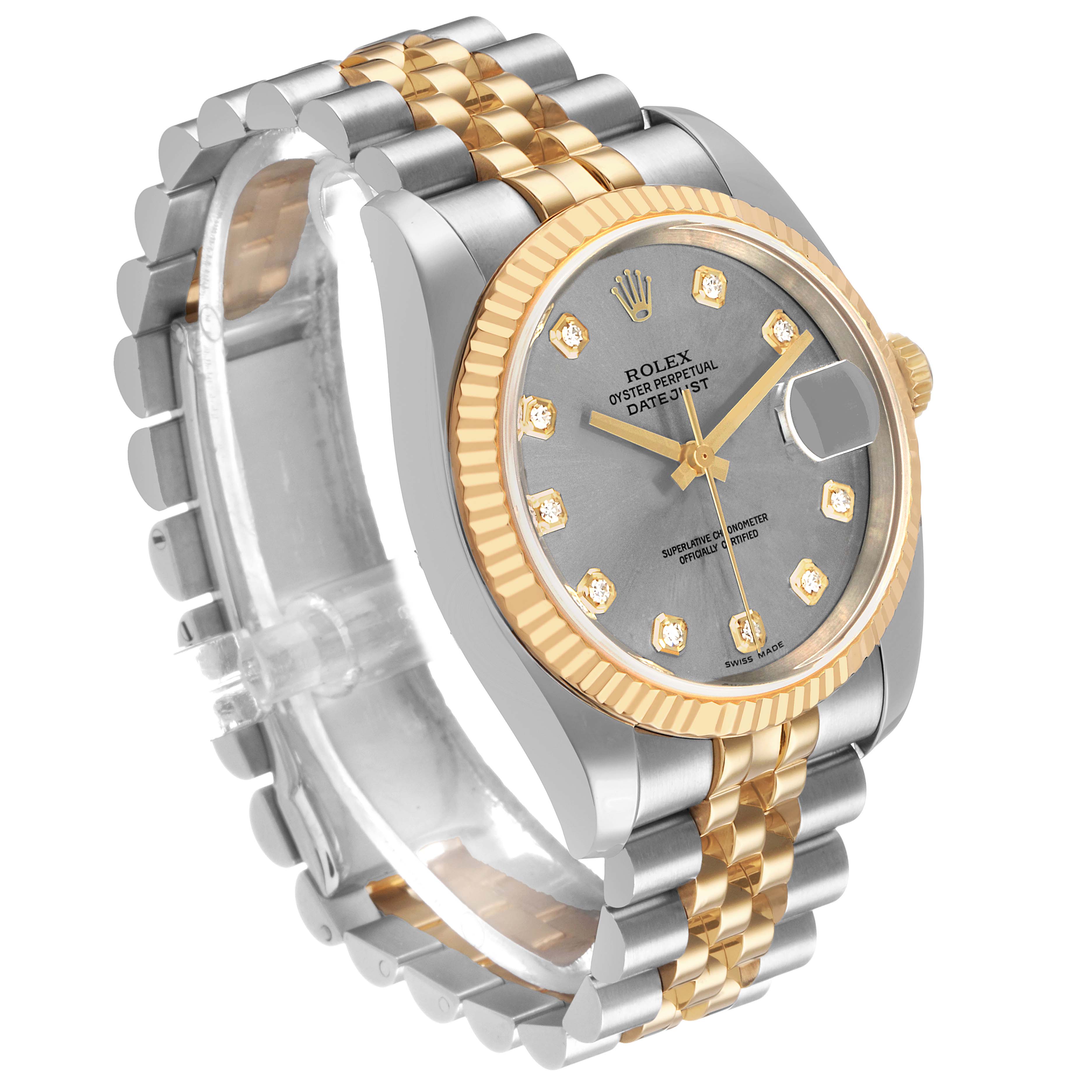 The Rolex Datejust 116233 Men's Steel and Gold (two tone) Grey Dial watch is shown at a three-quarter angle, highlighting its face, fluted bezel, and two-tone bracelet.