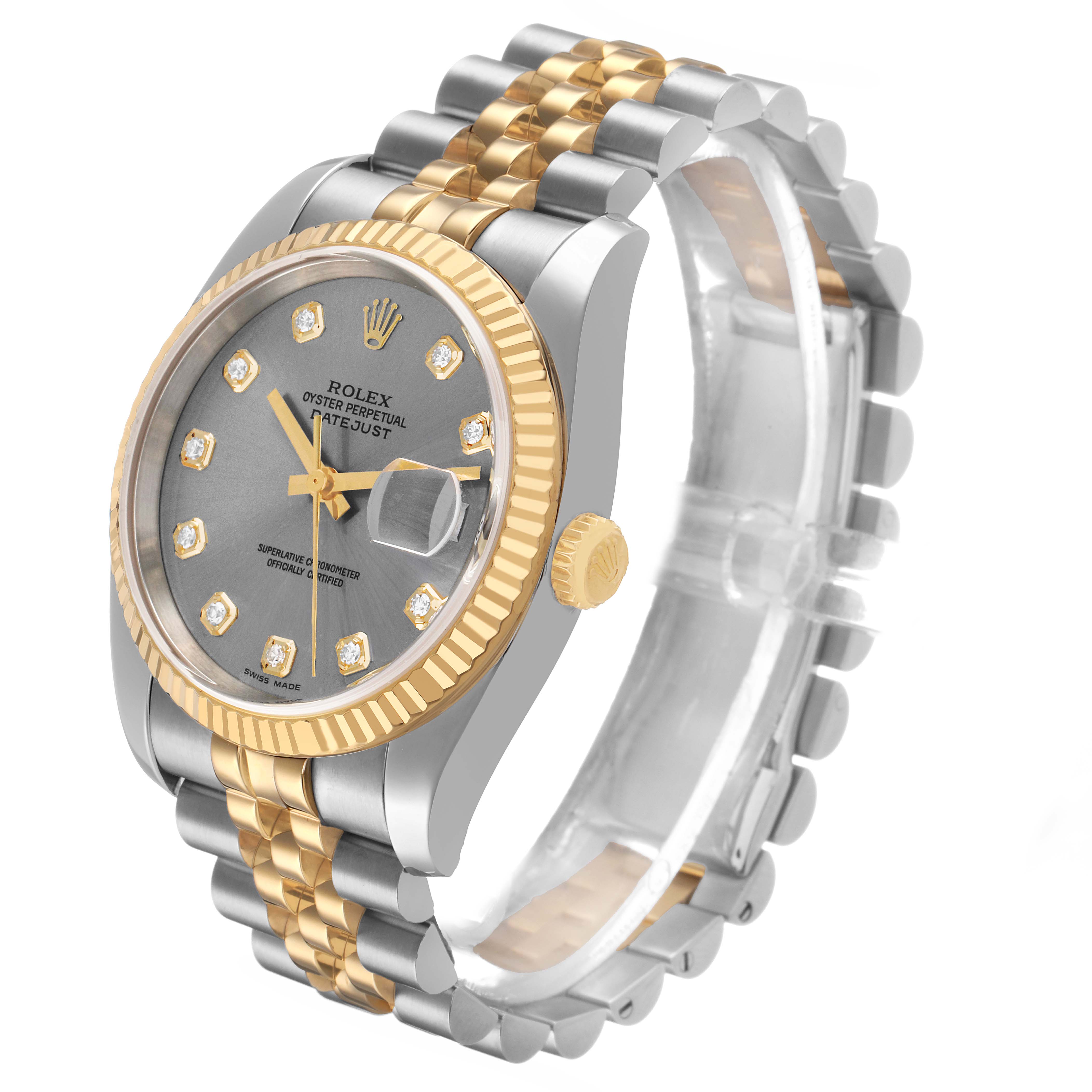 The Rolex Datejust 116233 Men's Steel and Gold (two tone) Grey Dial watch is shown at a three-quarter angle, highlighting its face, fluted bezel, and two-tone bracelet.