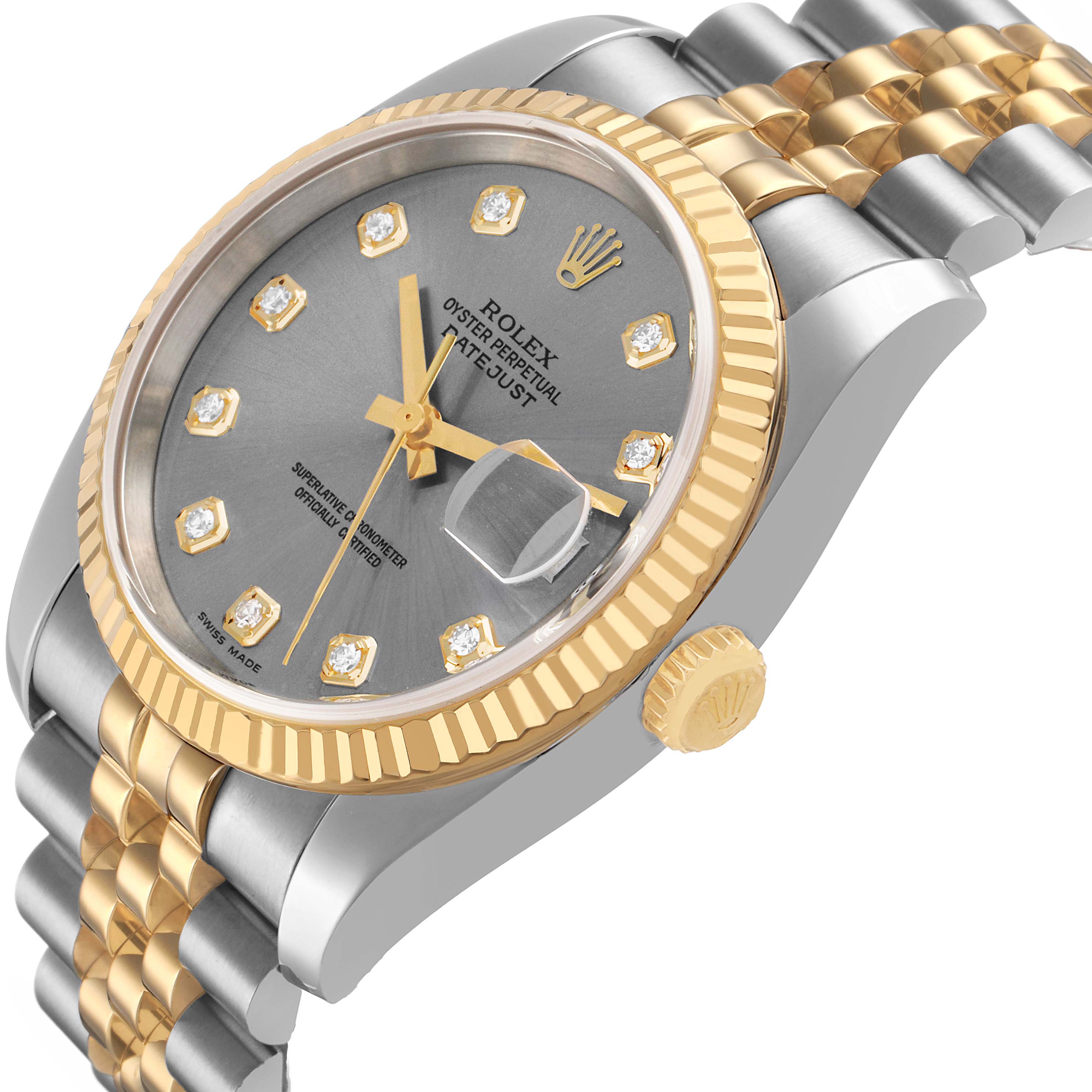 The Rolex Datejust 116233 Men's Steel and Gold (two tone) Grey Dial watch is shown at a slight angle highlighting the dial, bezel, crown, and jubilee bracelet.