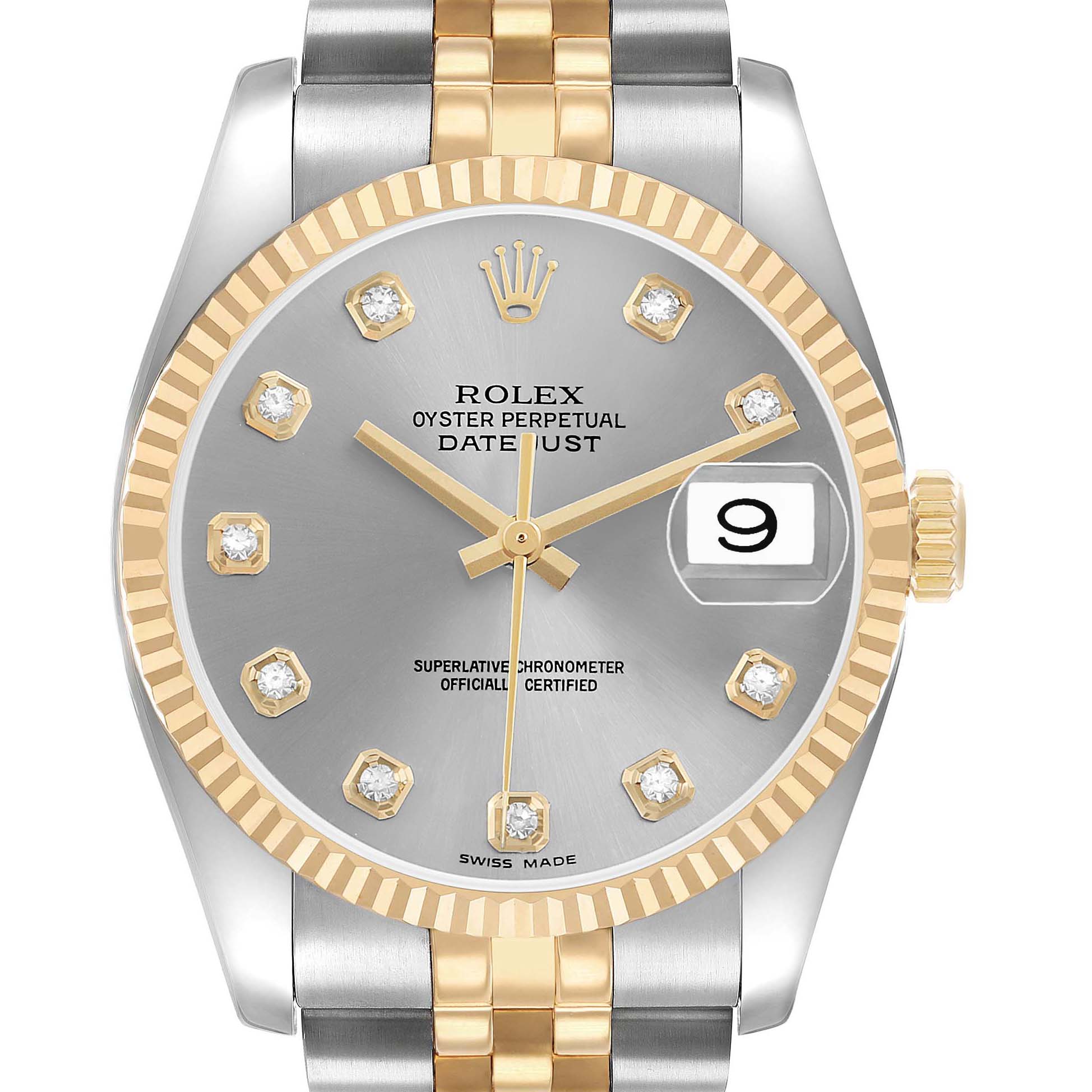 The Rolex Datejust 116233 Men's Steel and Gold (two tone) Grey Dial watch is shown from a frontal angle, highlighting the dial, fluted bezel, and part of the bracelet.