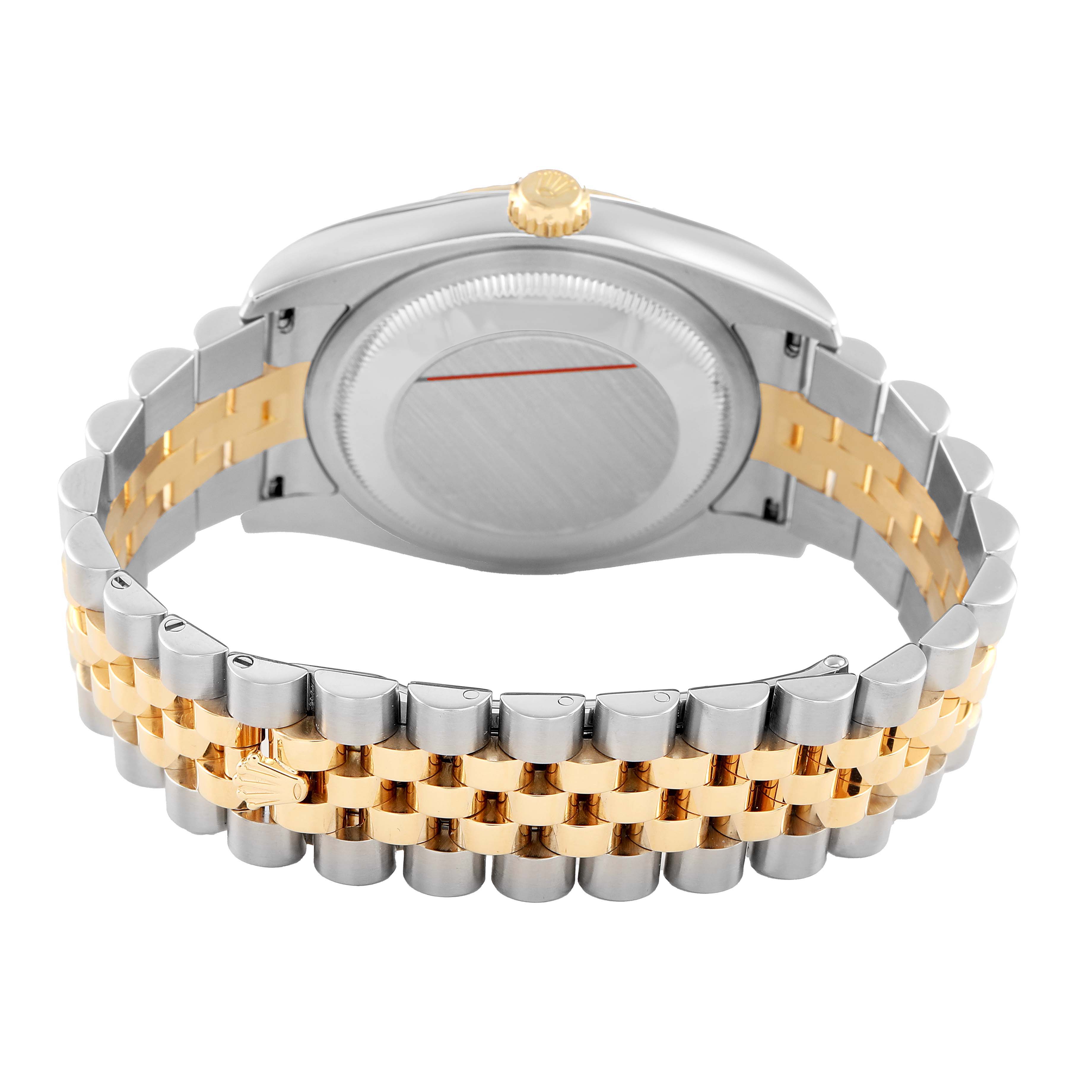The image shows a rear angle of the Rolex Datejust 116233 Men's Steel and Gold (two tone) Grey Dial, highlighting the case back, crown, and two-tone Jubilee bracelet.