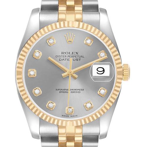 The image shows a Rolex Datejust 116233 Men's Steel and Gold (two tone) Grey Dial watch from a straight-on angle, highlighting the dial, hands, bezel, and bracelet.