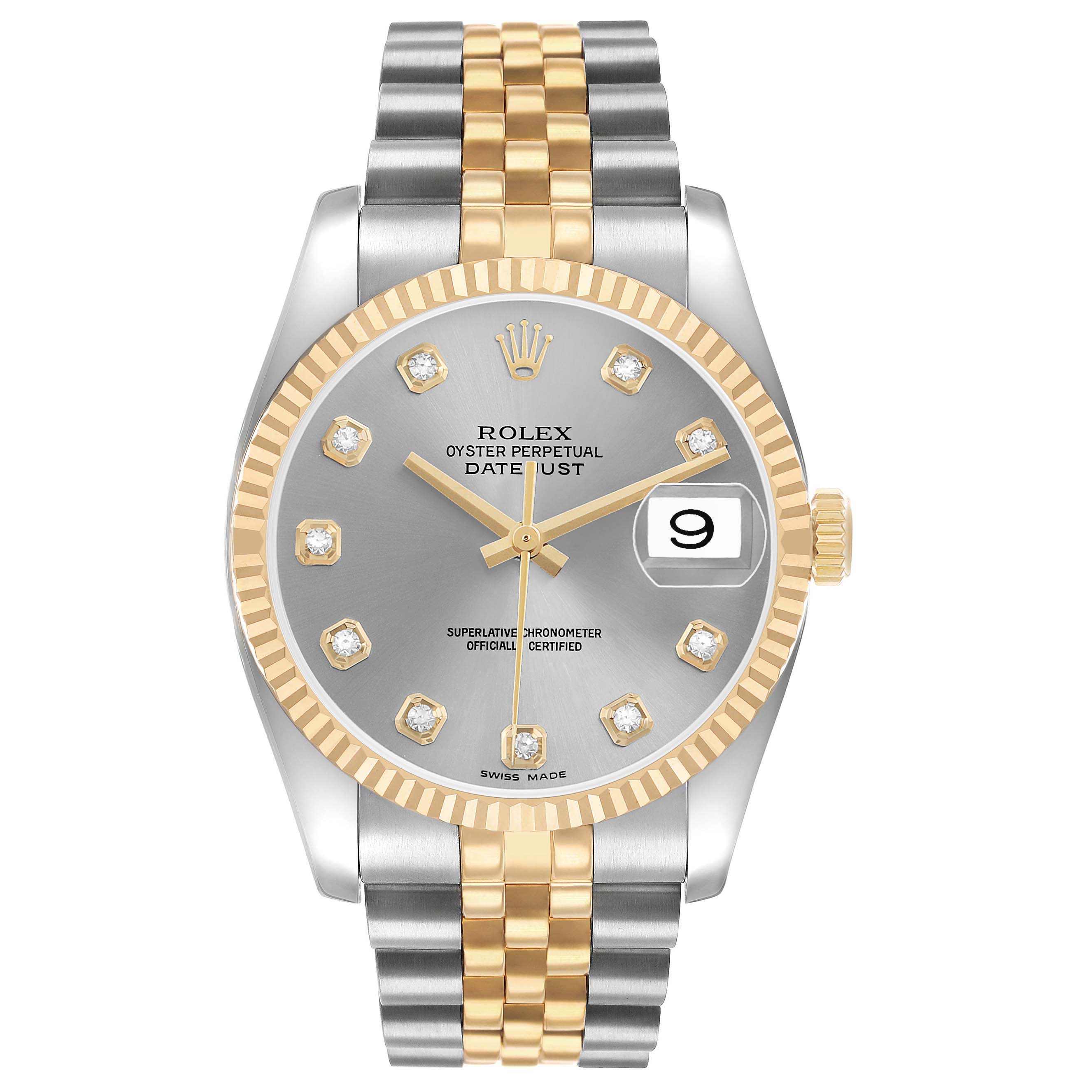 This Rolex Datejust 116233 Men's Steel and Gold (two tone) Grey Dial watch is shown from the front, displaying the dial, bezel, crown, and two-tone bracelet.
