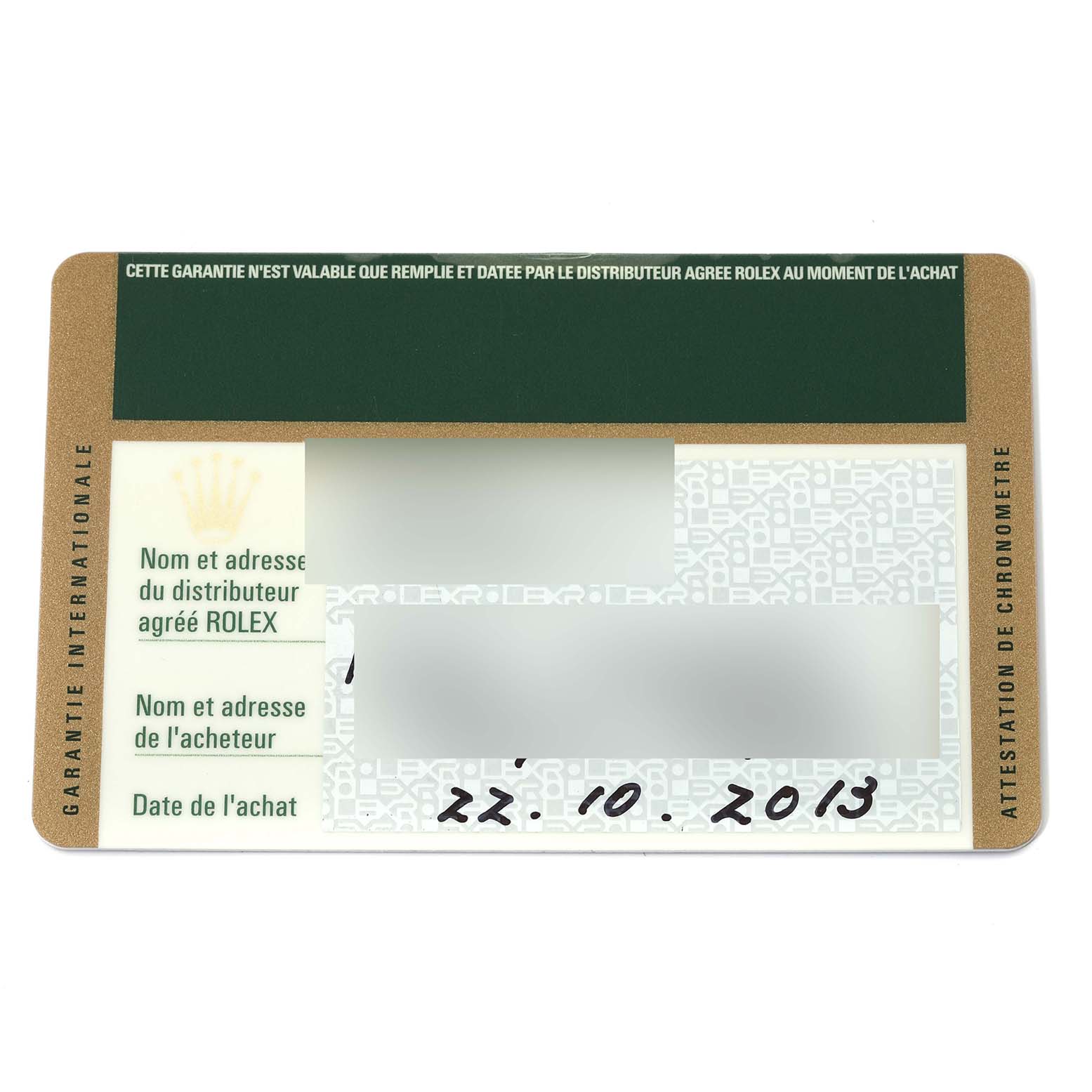 This image shows a warranty card for a Rolex Datejust 179161 Women's Steel and Gold (two tone) Mother of Pearl Dial 179161 Women's Steel and Gold (two tone) Mother of Pearl Dial watch, indicating dealer and purchase details.