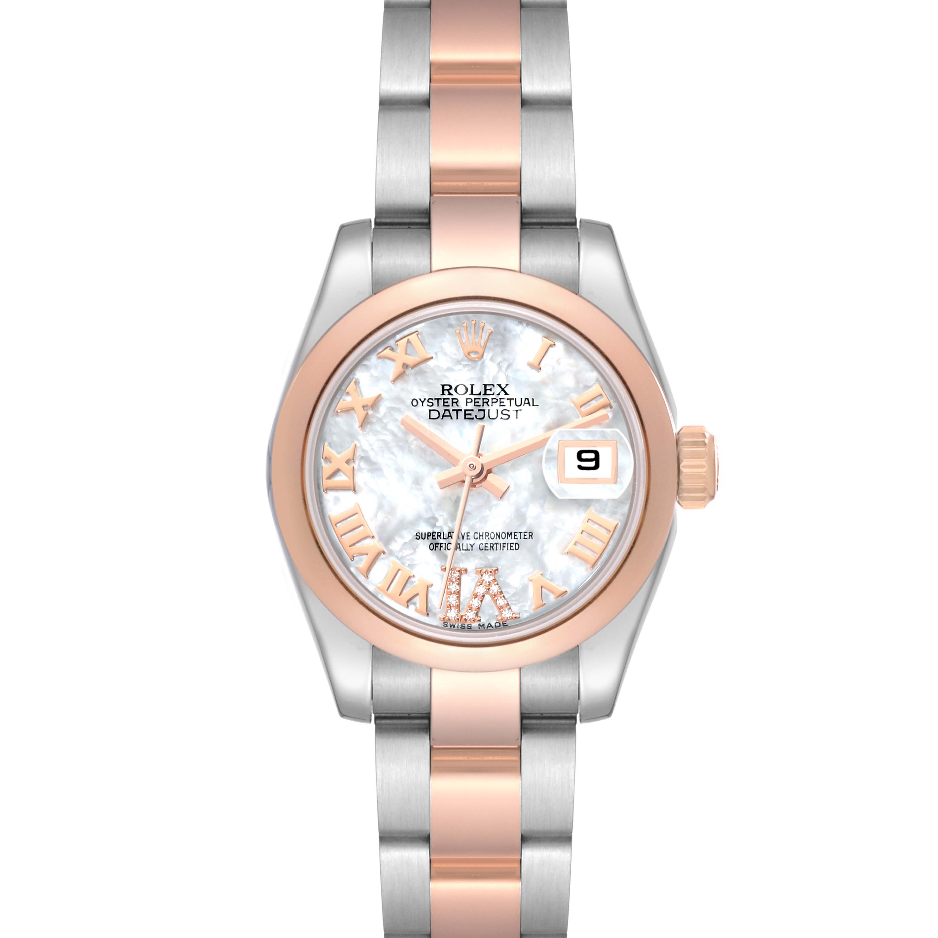 This image shows a front view of the Rolex Datejust 179161 Women's Steel and Gold (two tone) Mother of Pearl Dial 179161 Women's Steel and Gold (two tone) Mother of Pearl Dial watch, highlighting its dial, bezel, crown, and dual-tone bracelet.