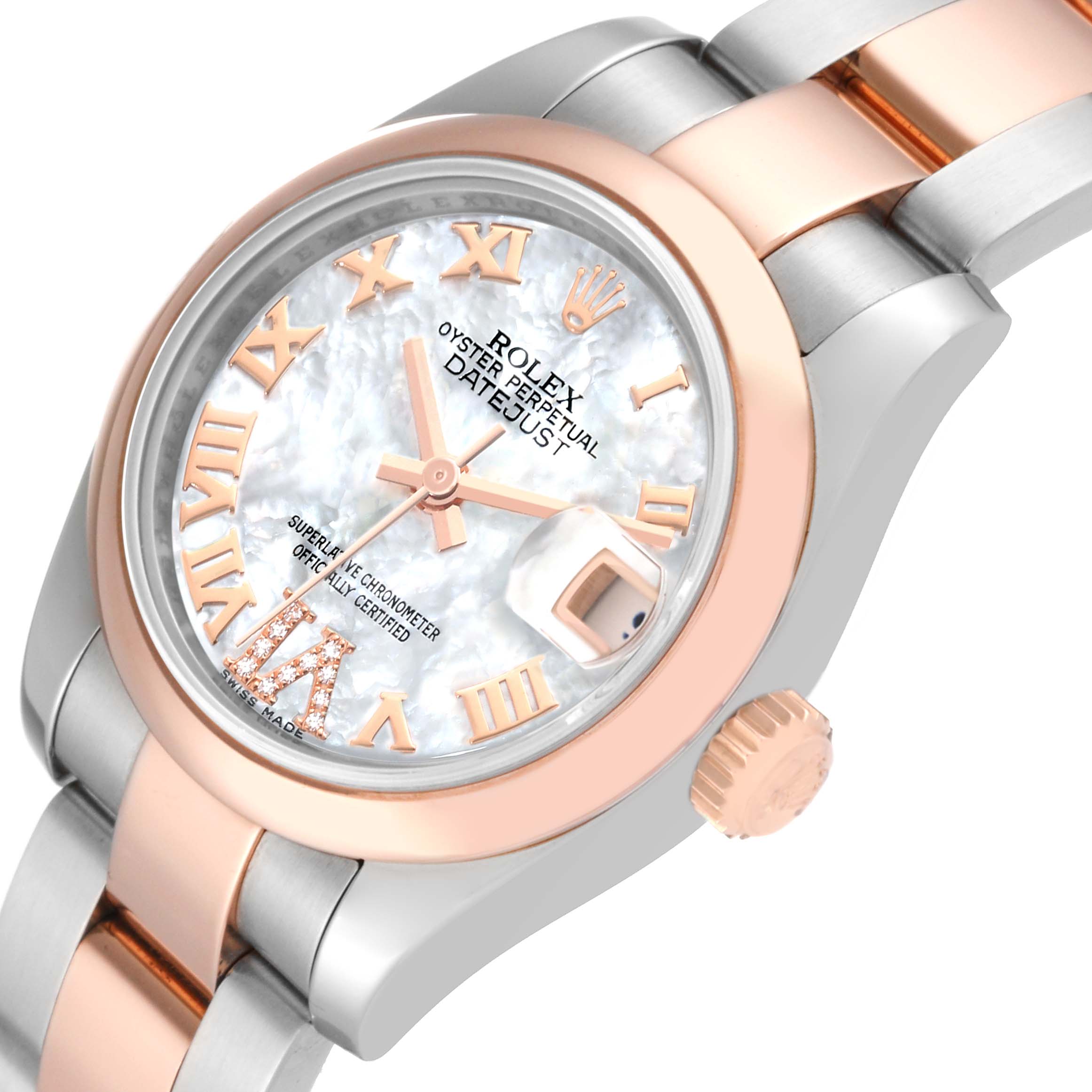 This image shows a Rolex Datejust 179161 Women's Steel and Gold (two tone) Mother of Pearl Dial 179161 Women's Steel and Gold (two tone) Mother of Pearl Dial watch at a slight angle, highlighting the dial, bezel, bracelet, and crown.