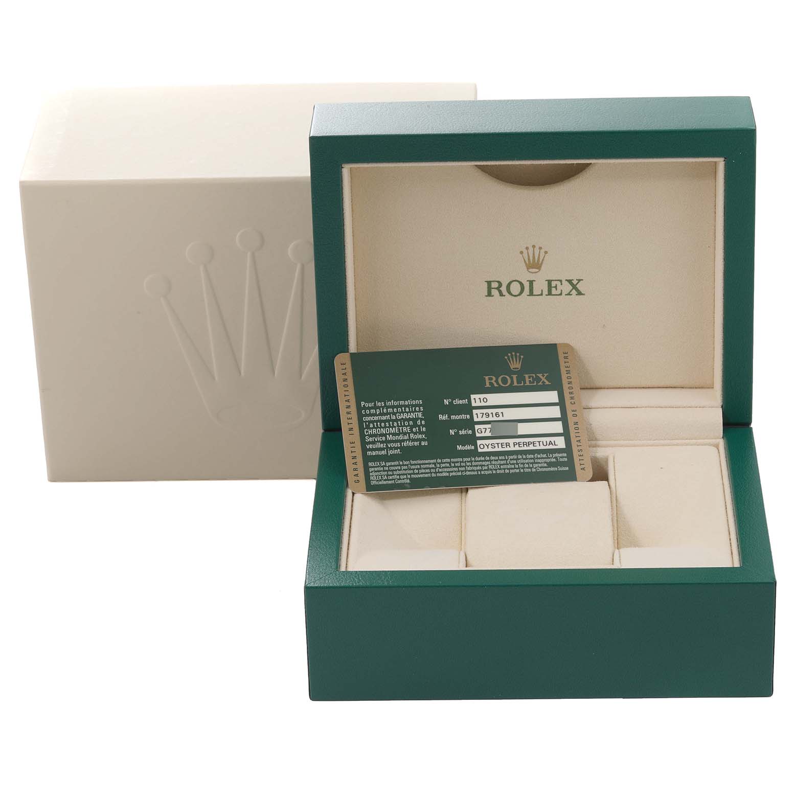 The image shows the Rolex Datejust 179161 Women's Steel and Gold (two tone) Mother of Pearl Dial 179161 Women's Steel and Gold (two tone) Mother of Pearl Dial model's box, cardholder, and guarantee card with the box lid open.