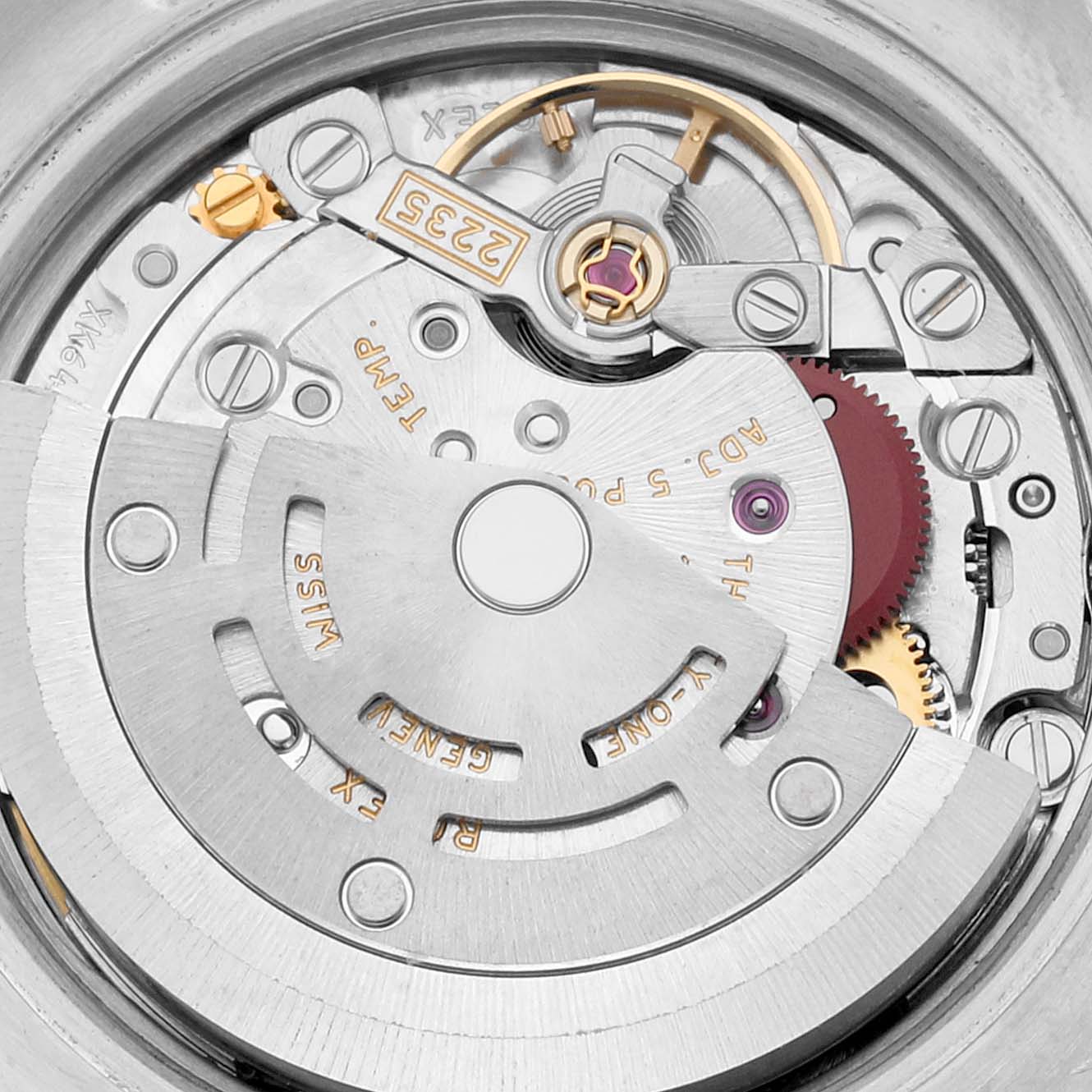 This image shows a close-up of the movement mechanism in a Rolex Datejust 179161 Women's Steel and Gold (two tone) Mother of Pearl Dial 179161 Women's Steel and Gold (two tone) Mother of Pearl Dial watch from a top-down angle.