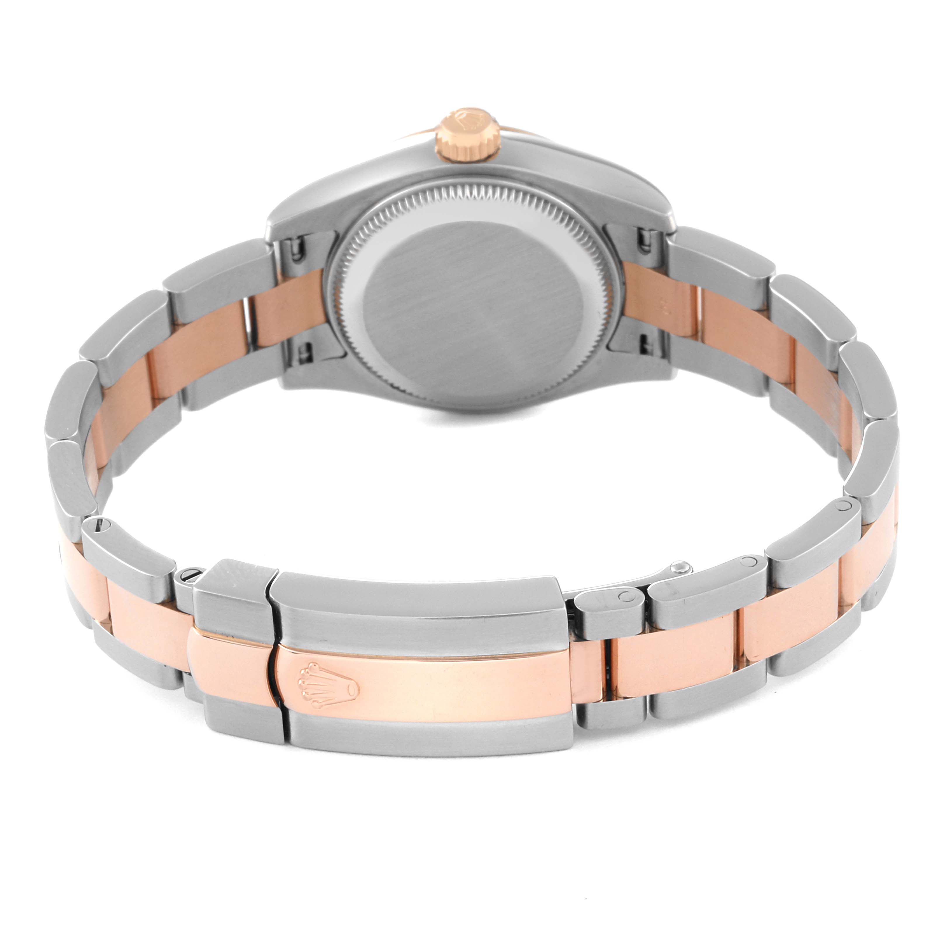 The image shows the back view of the Rolex Datejust 179161 Women's Steel and Gold (two tone) Mother of Pearl Dial 179161 Women's Steel and Gold (two tone) Mother of Pearl Dial watch, highlighting the case back and the two-tone bracelet with the clasp.